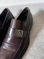 Gucci Silver Logo Plate Square Toe Leather Loafers Shoes Brown Men - 42.5
