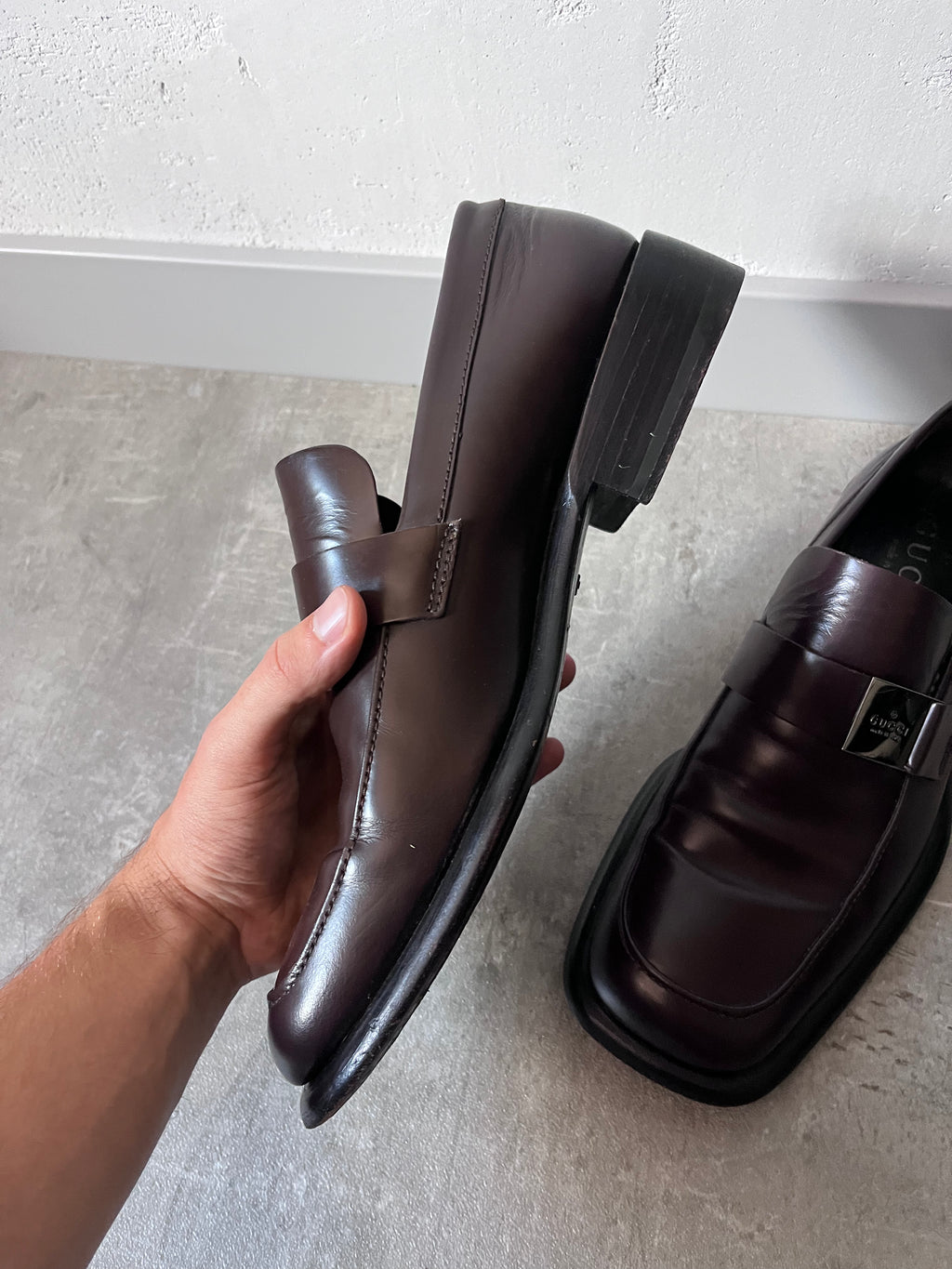 Gucci Silver Logo Plate Square Toe Leather Loafers Shoes Brown Men - 42.5