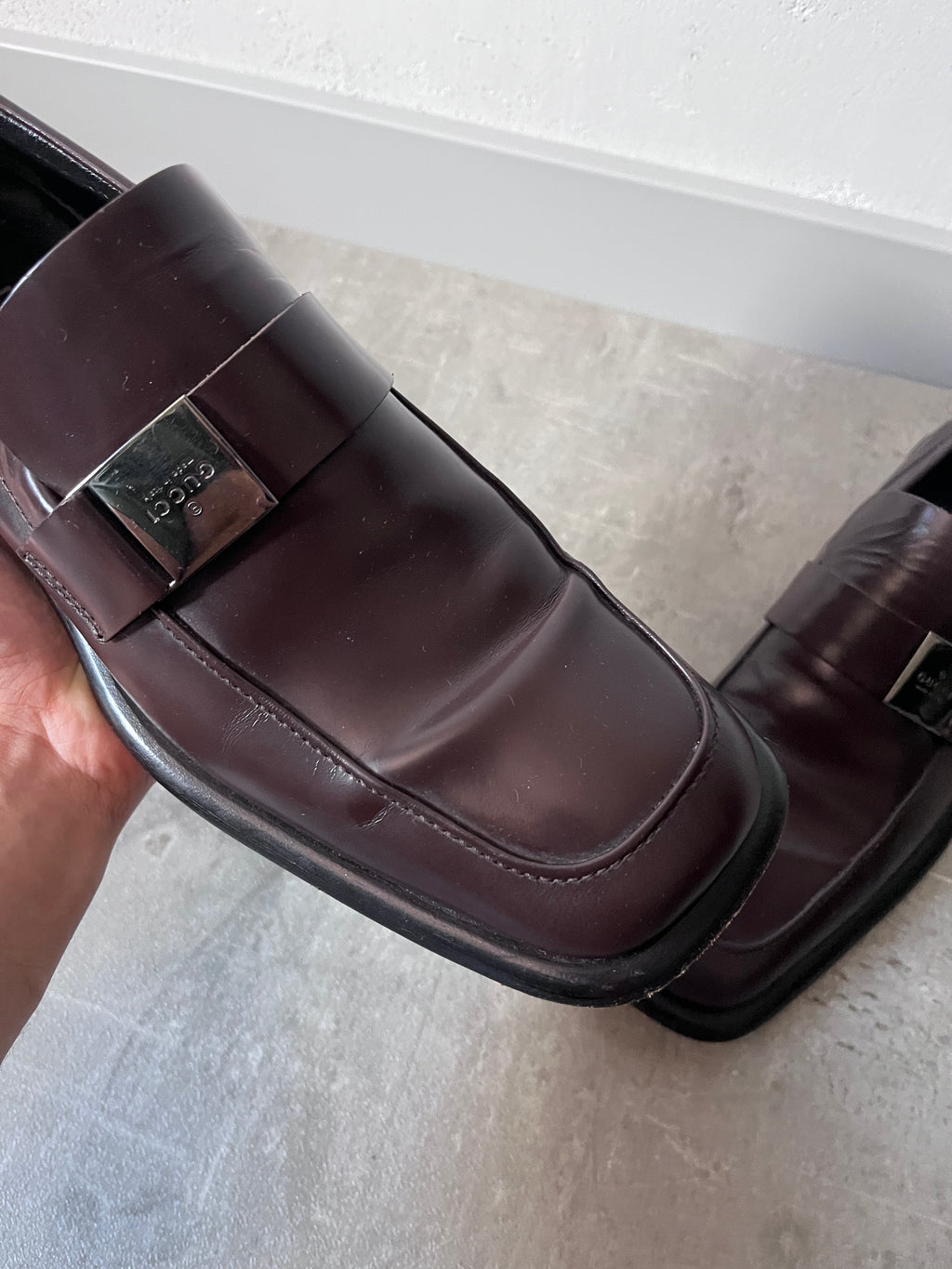 Gucci Silver Logo Plate Square Toe Leather Loafers Shoes Brown Men - 42.5