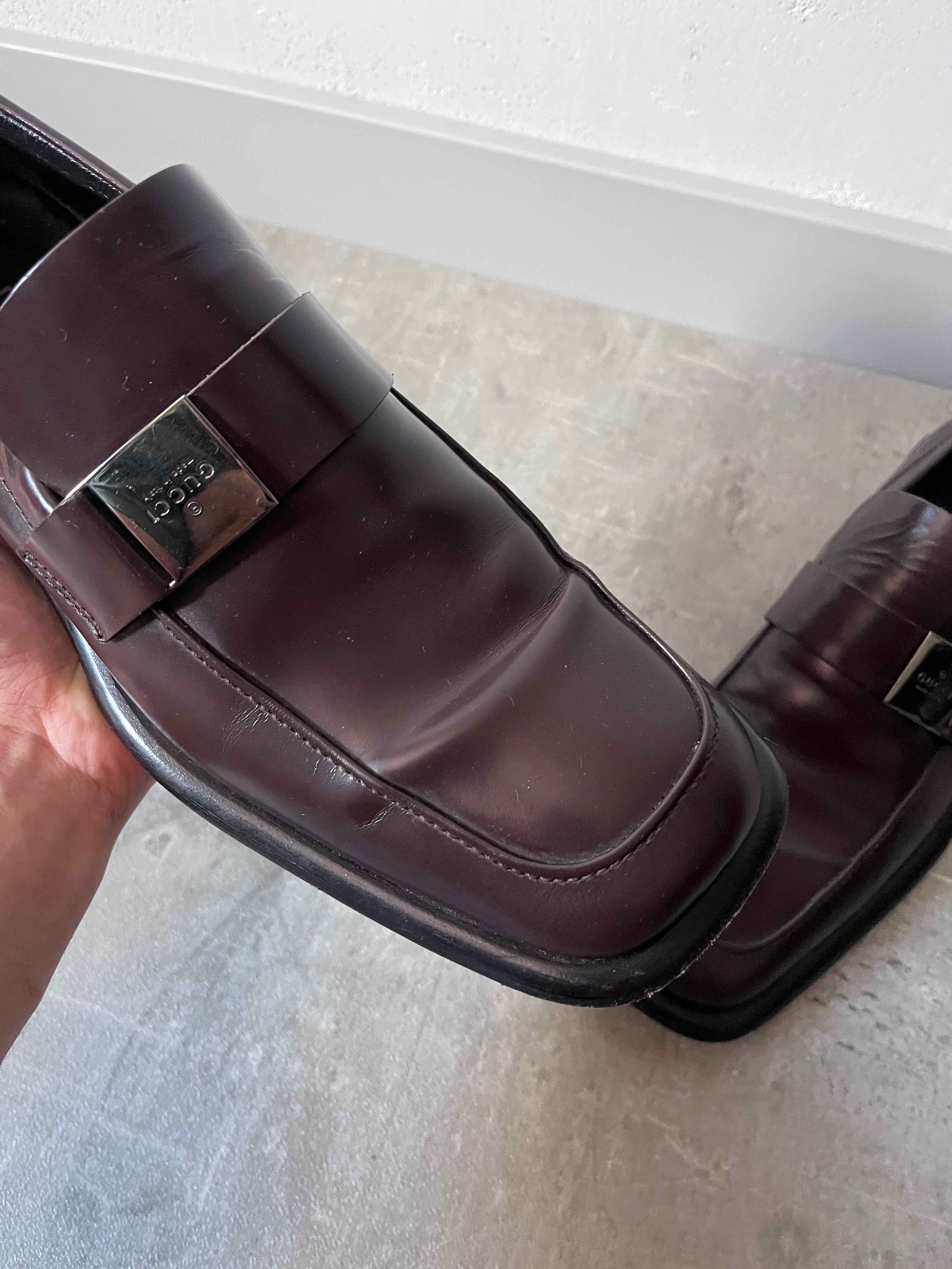 Gucci Silver Logo Plate Square Toe Leather Loafers Shoes Brown Men - 42.5