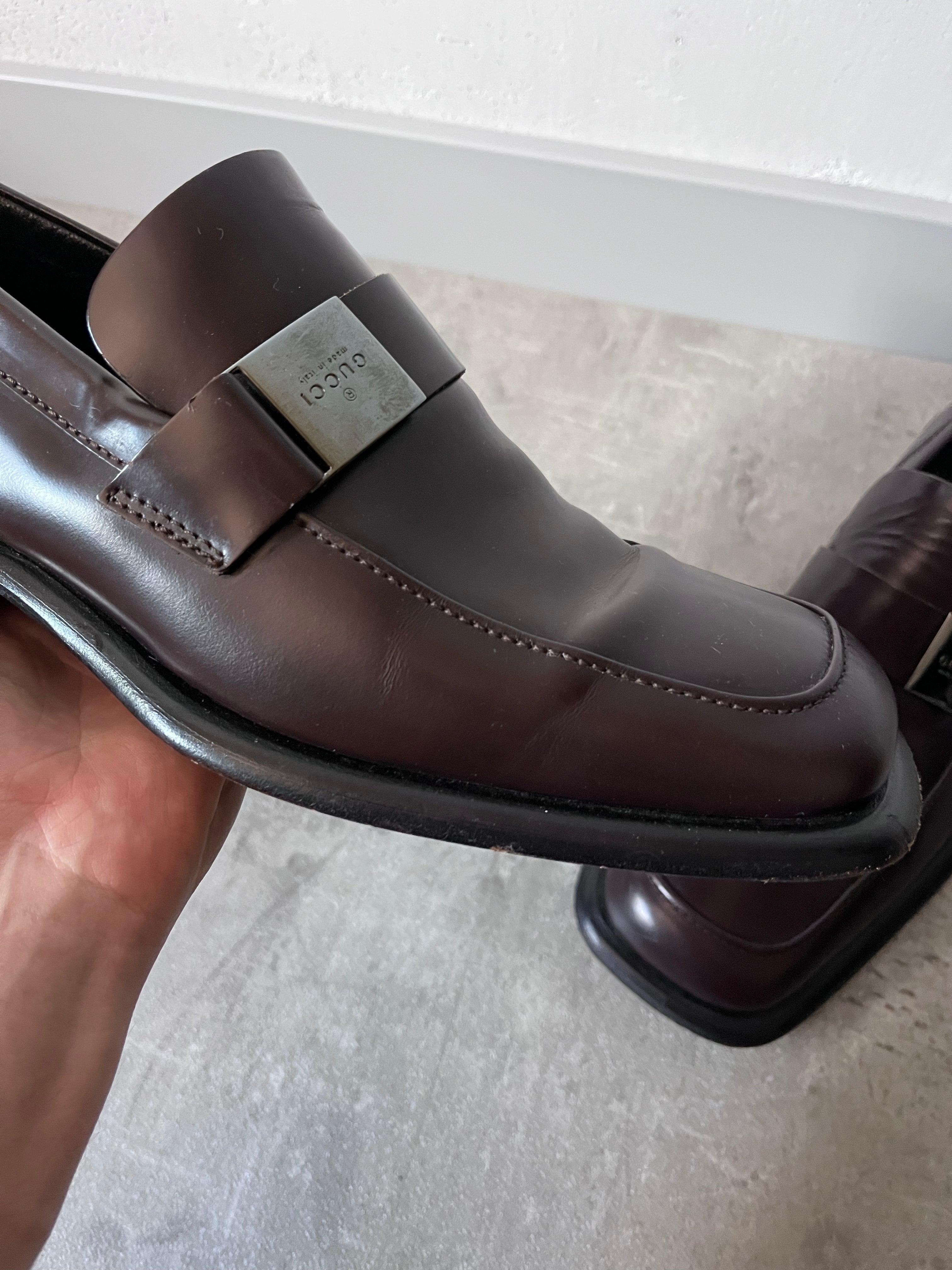 Gucci Silver Logo Plate Square Toe Leather Loafers Shoes Brown Men - 42.5