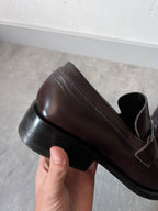 Gucci Silver Logo Plate Square Toe Leather Loafers Shoes Brown Men - 42.5