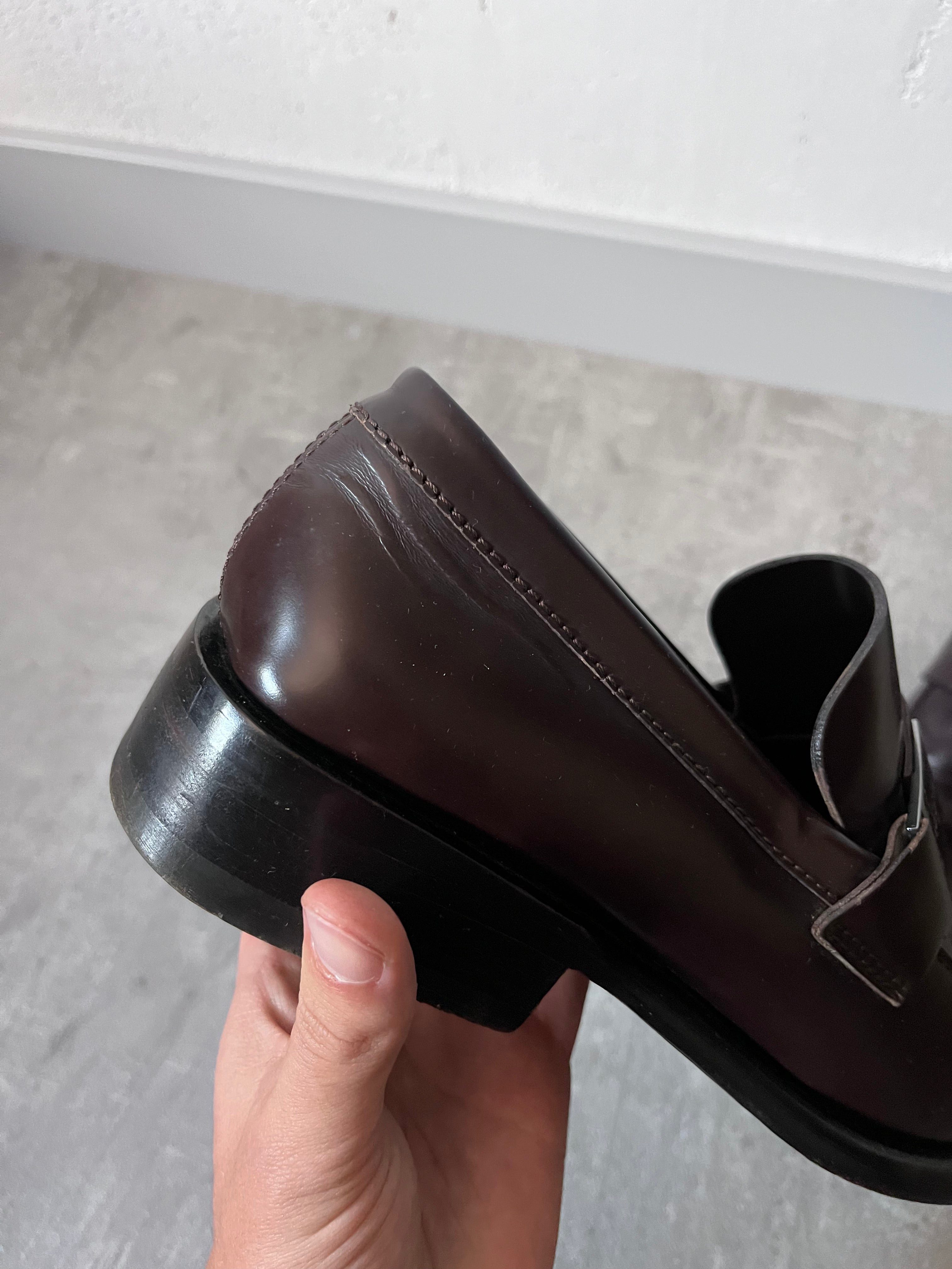 Gucci Silver Logo Plate Square Toe Leather Loafers Shoes Brown Men - 42.5
