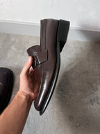 Gucci Silver Logo Plate Square Toe Leather Loafers Shoes Brown Men - 42.5