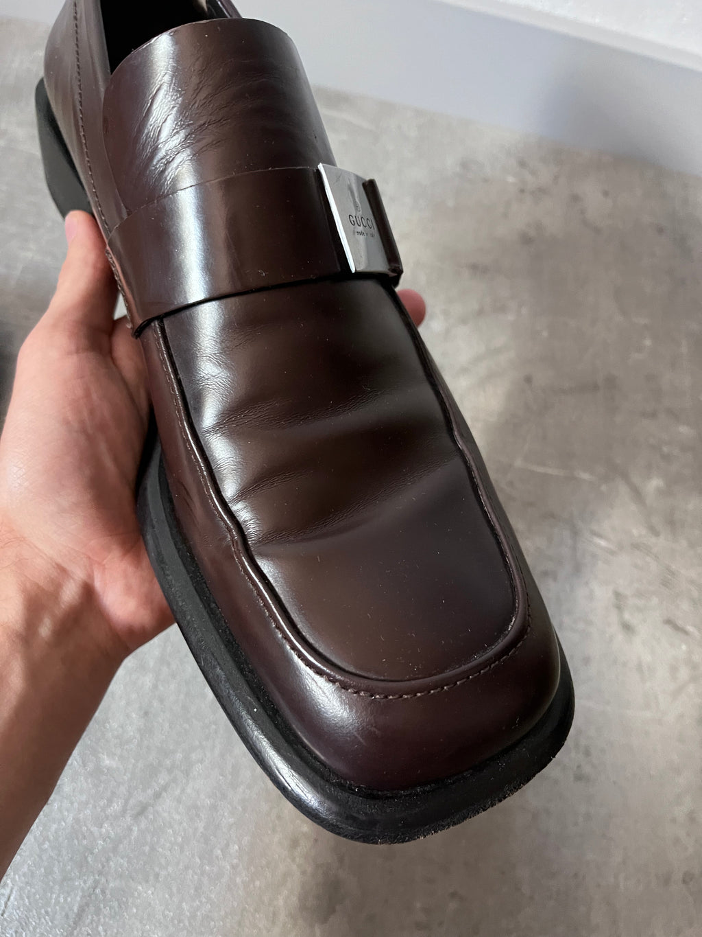 Gucci Silver Logo Plate Square Toe Leather Loafers Shoes Brown Men - 42.5