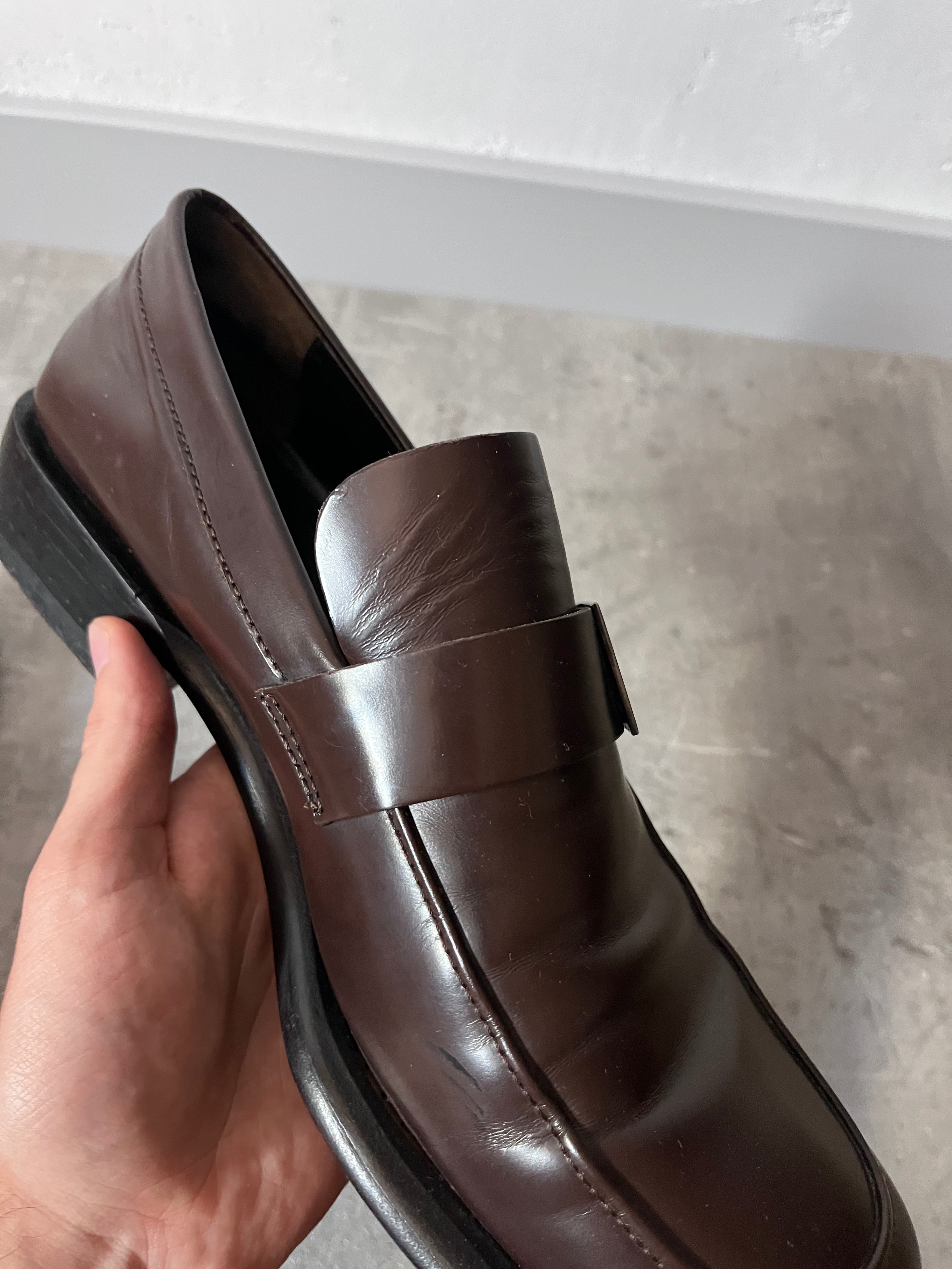 Gucci Silver Logo Plate Square Toe Leather Loafers Shoes Brown Men - 42.5