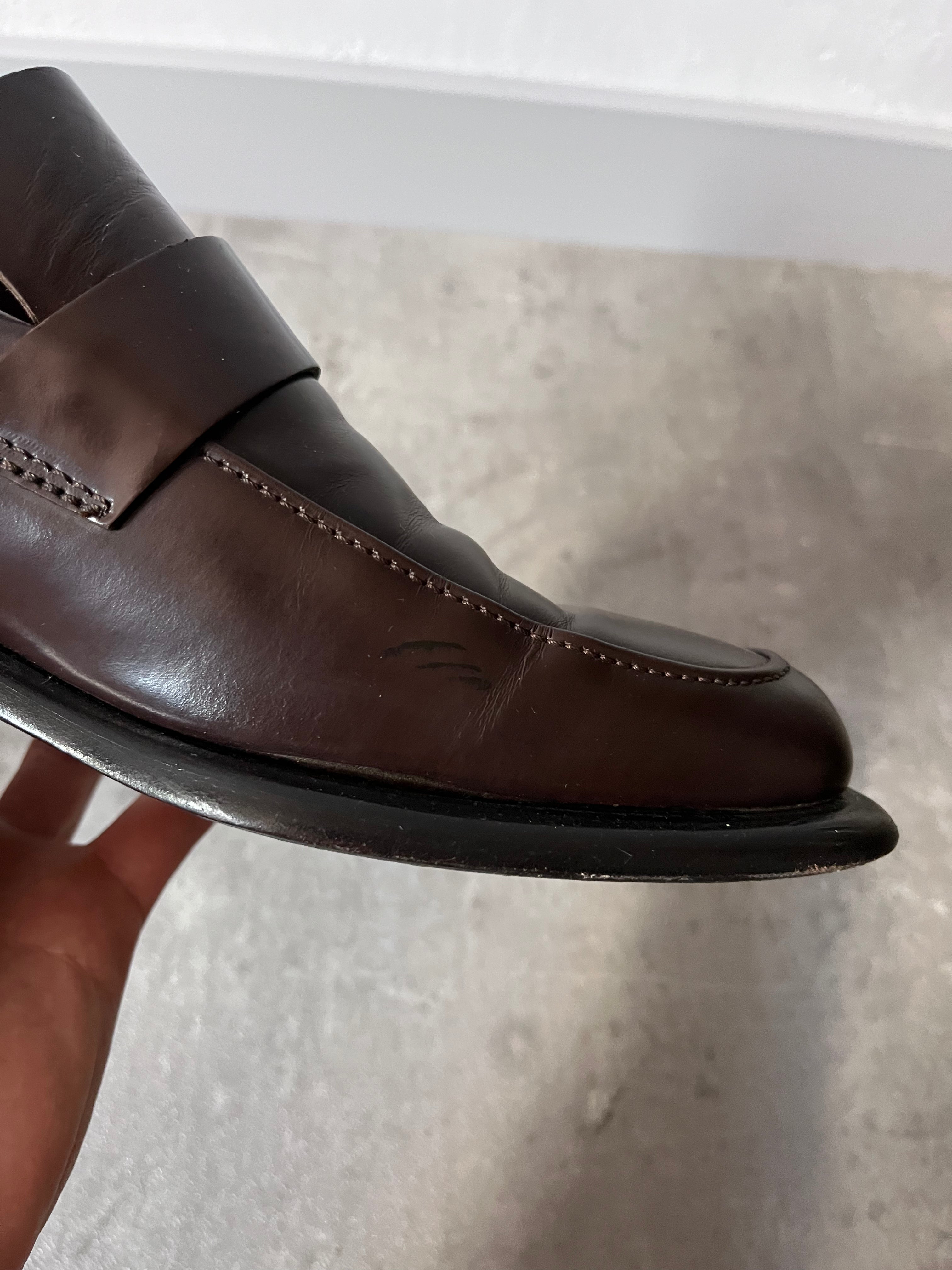 Gucci Silver Logo Plate Square Toe Leather Loafers Shoes Brown Men - 42.5