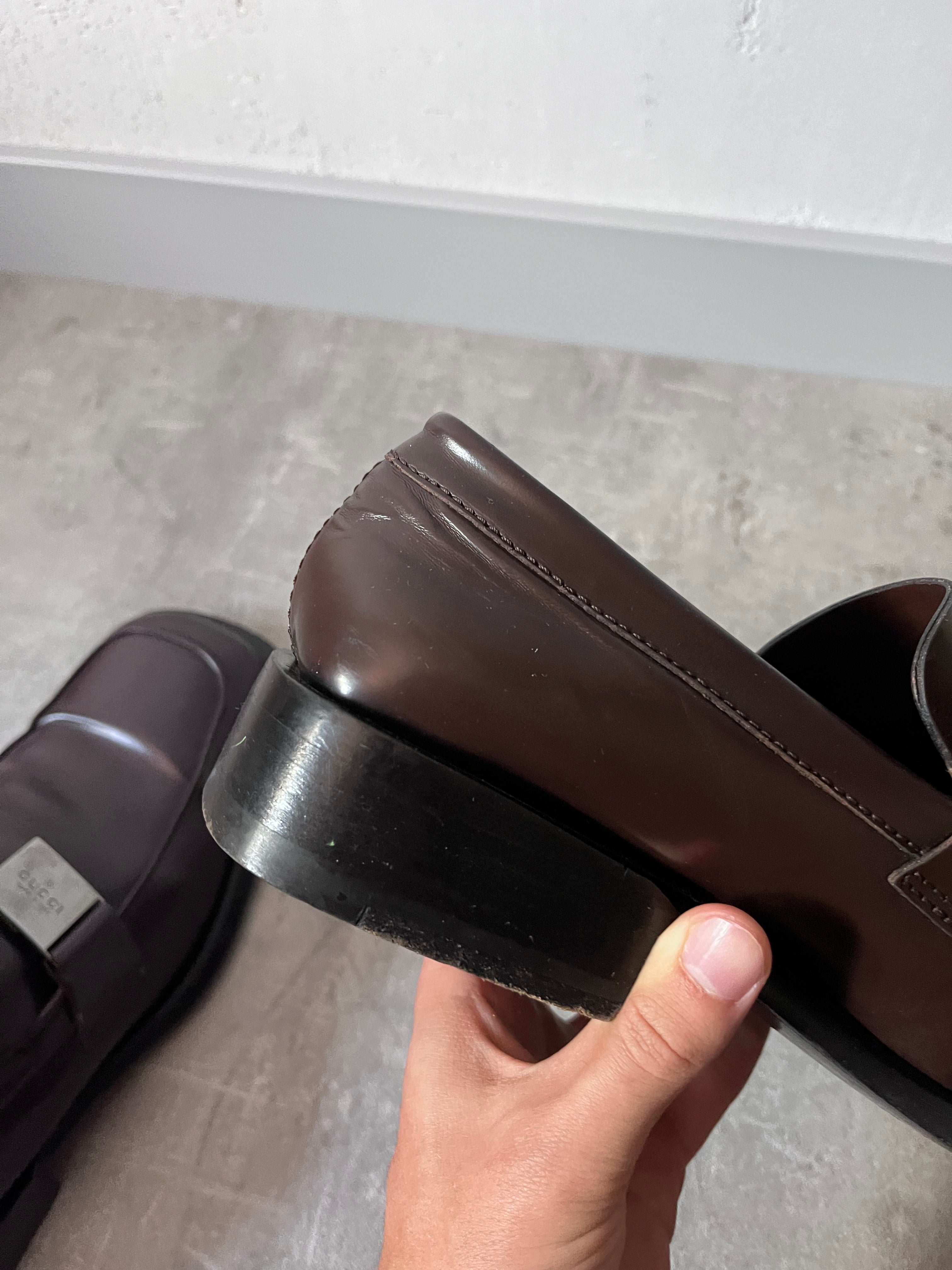 Gucci Silver Logo Plate Square Toe Leather Loafers Shoes Brown Men - 42.5
