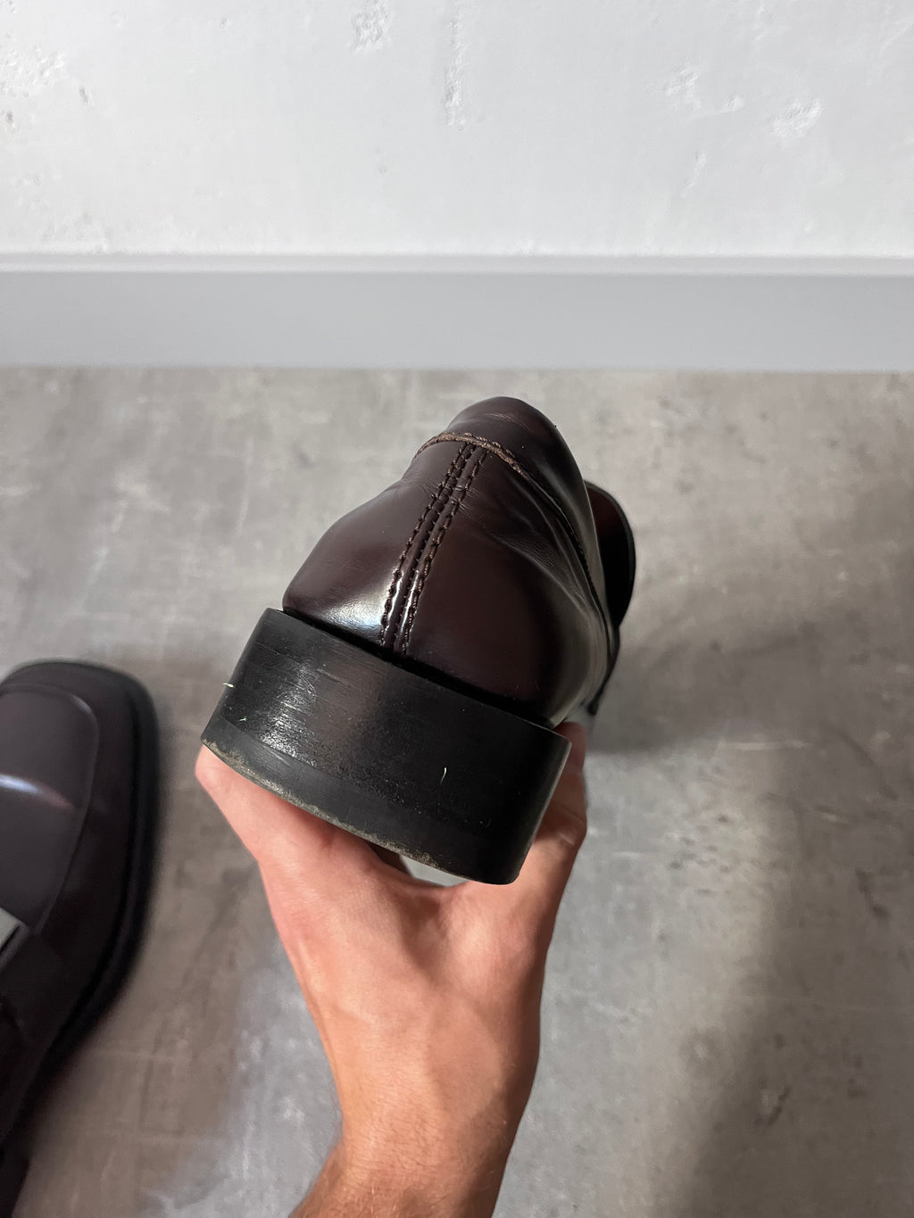 Gucci Silver Logo Plate Square Toe Leather Loafers Shoes Brown Men - 42.5