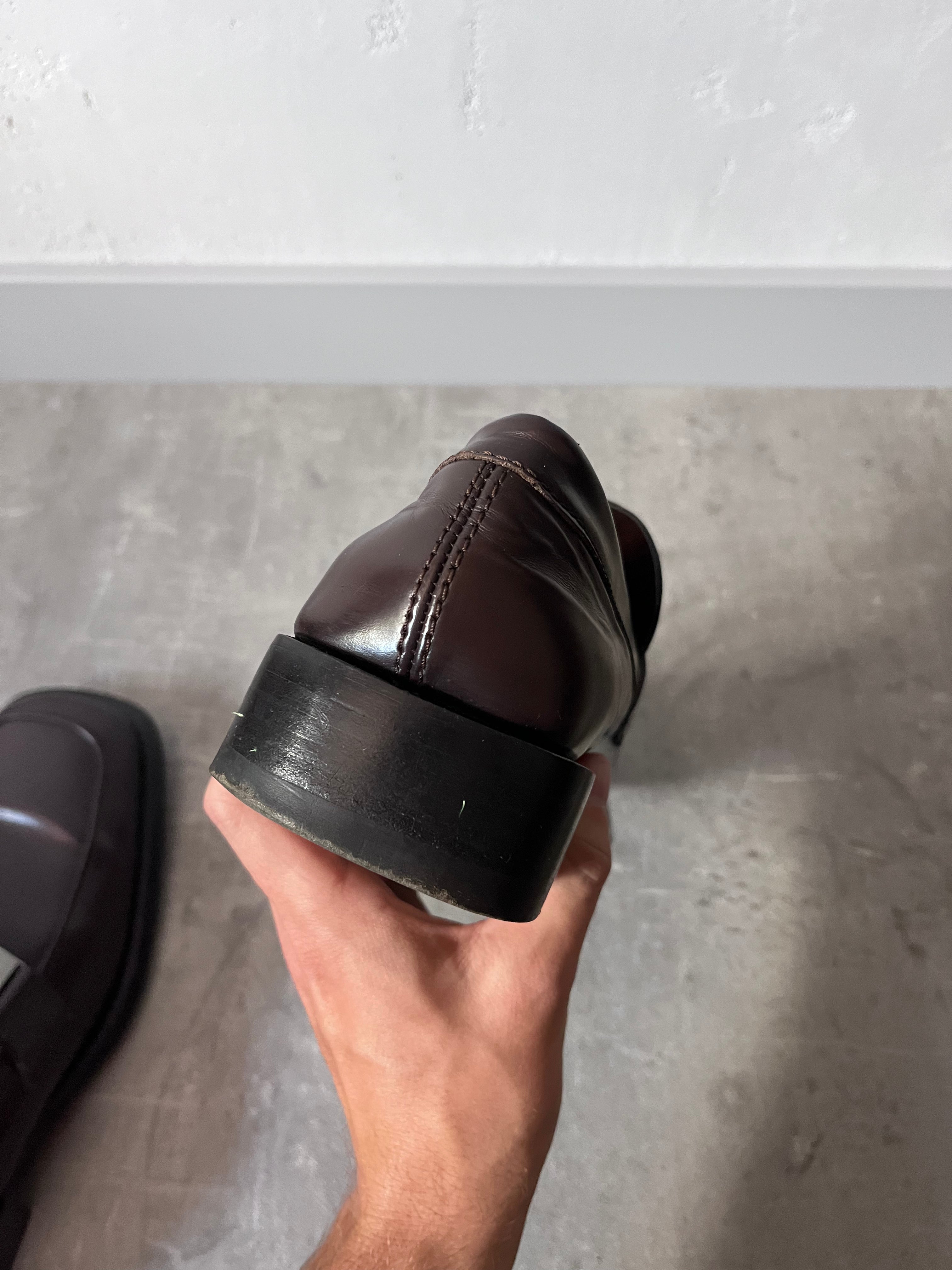 Gucci Silver Logo Plate Square Toe Leather Loafers Shoes Brown Men - 42.5