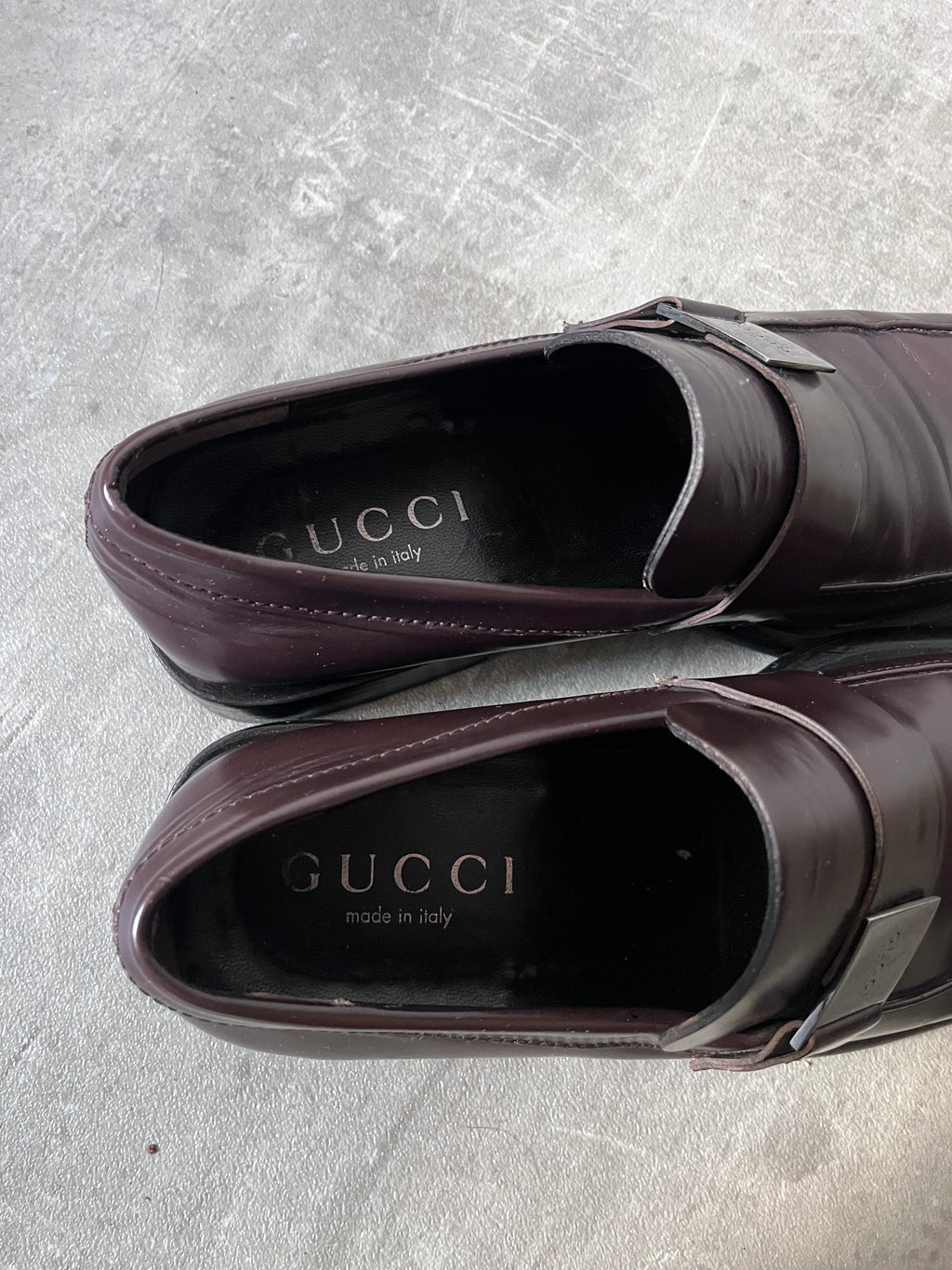 Gucci Silver Logo Plate Square Toe Leather Loafers Shoes Brown Men - 42.5