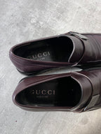 Gucci Silver Logo Plate Square Toe Leather Loafers Shoes Brown Men - 42.5