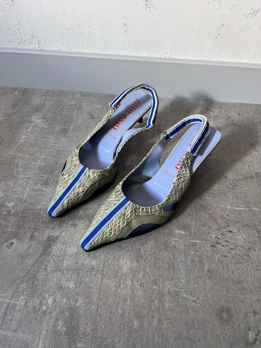 S/S 2000 Miu Miu Snake Skin Slingback Courts Kitten Heels Green Blue Women - 36