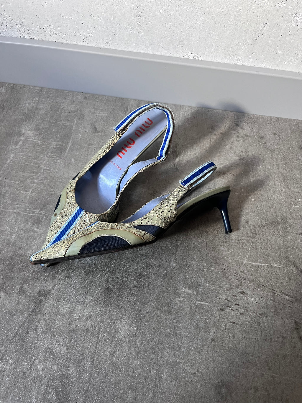 S/S 2000 Miu Miu Snake Skin Slingback Courts Kitten Heels Green Blue Women - 36