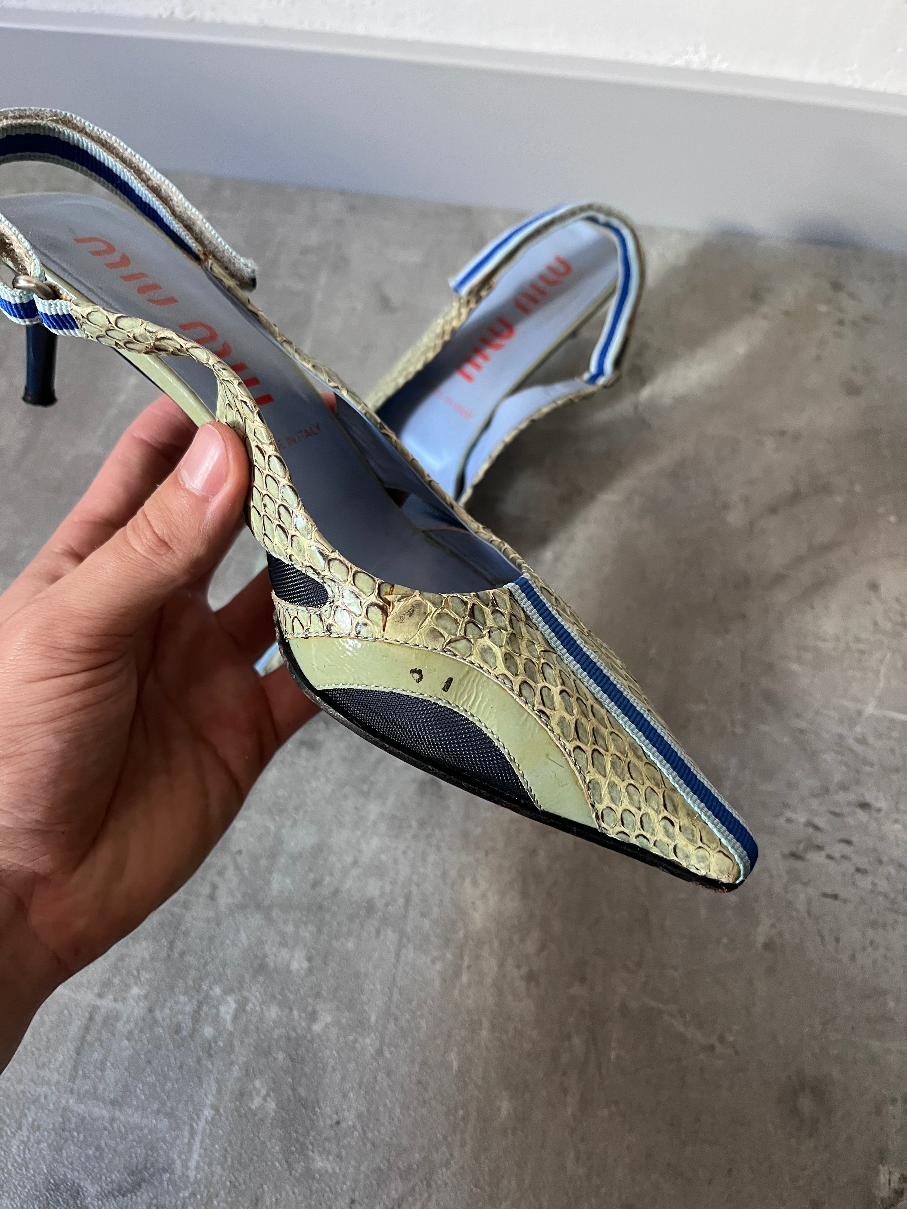 S/S 2000 Miu Miu Snake Skin Slingback Courts Kitten Heels Green Blue Women - 36