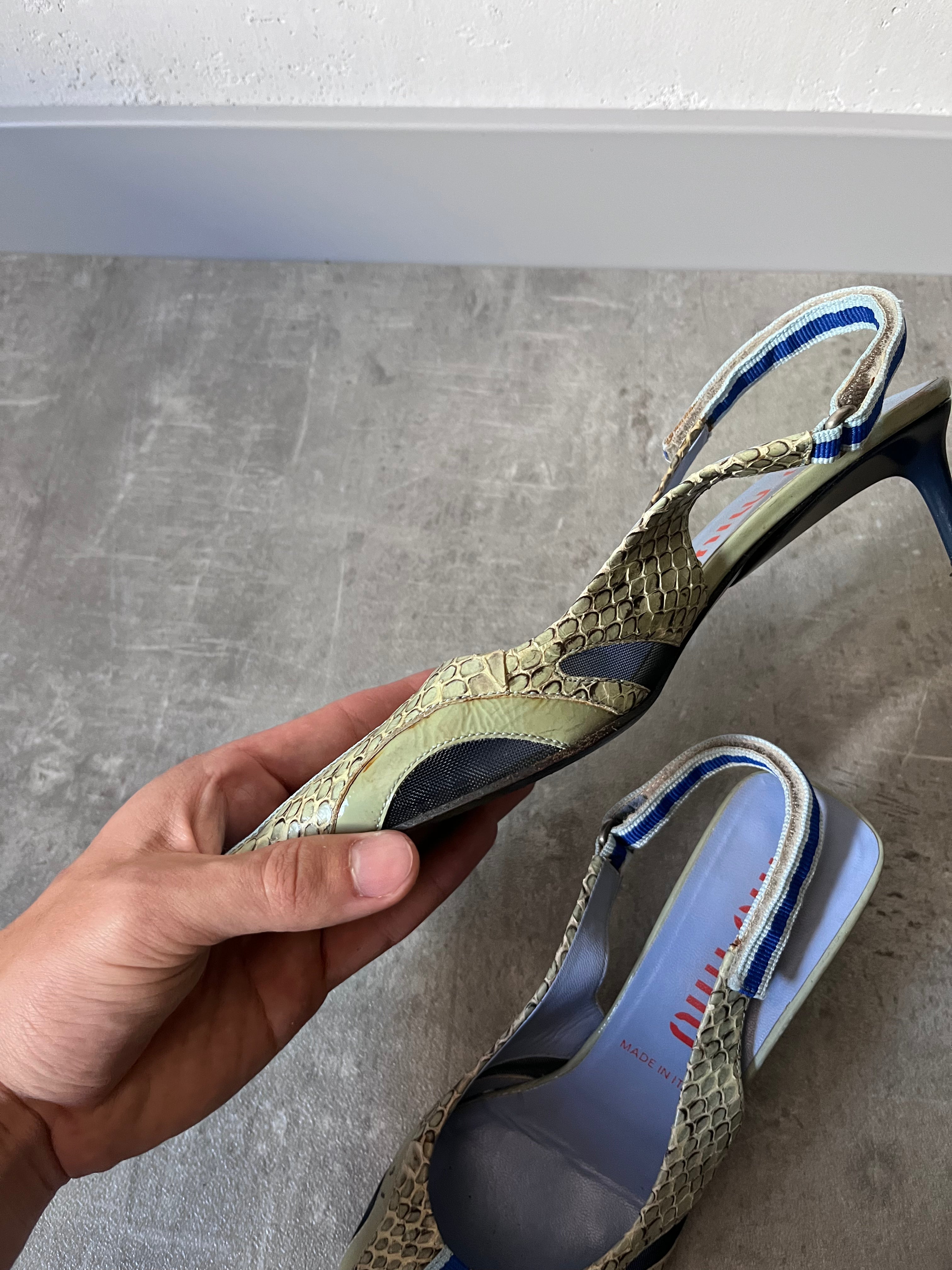 S/S 2000 Miu Miu Snake Skin Slingback Courts Kitten Heels Green Blue Women - 36