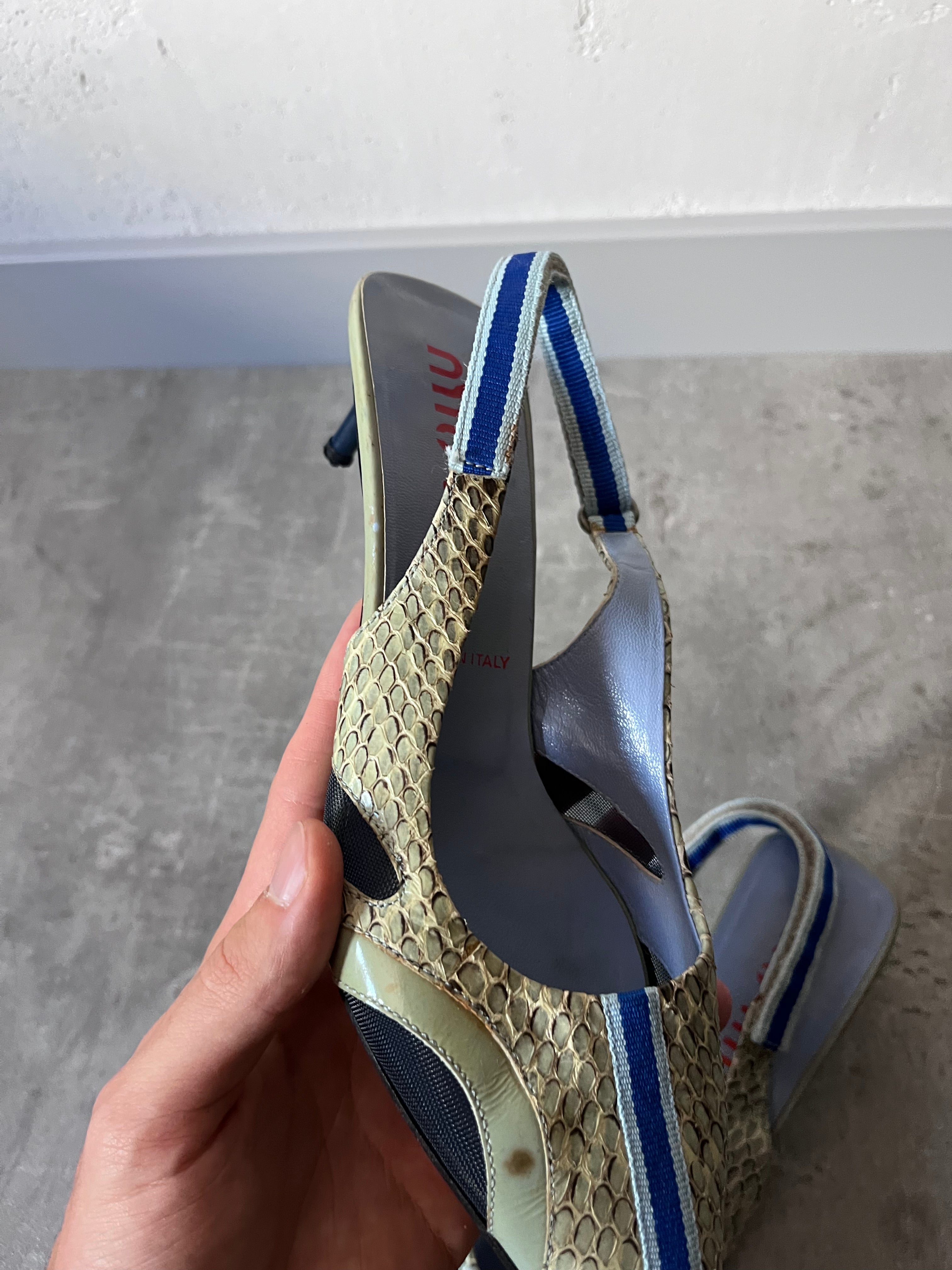 S/S 2000 Miu Miu Snake Skin Slingback Courts Kitten Heels Green Blue Women - 36