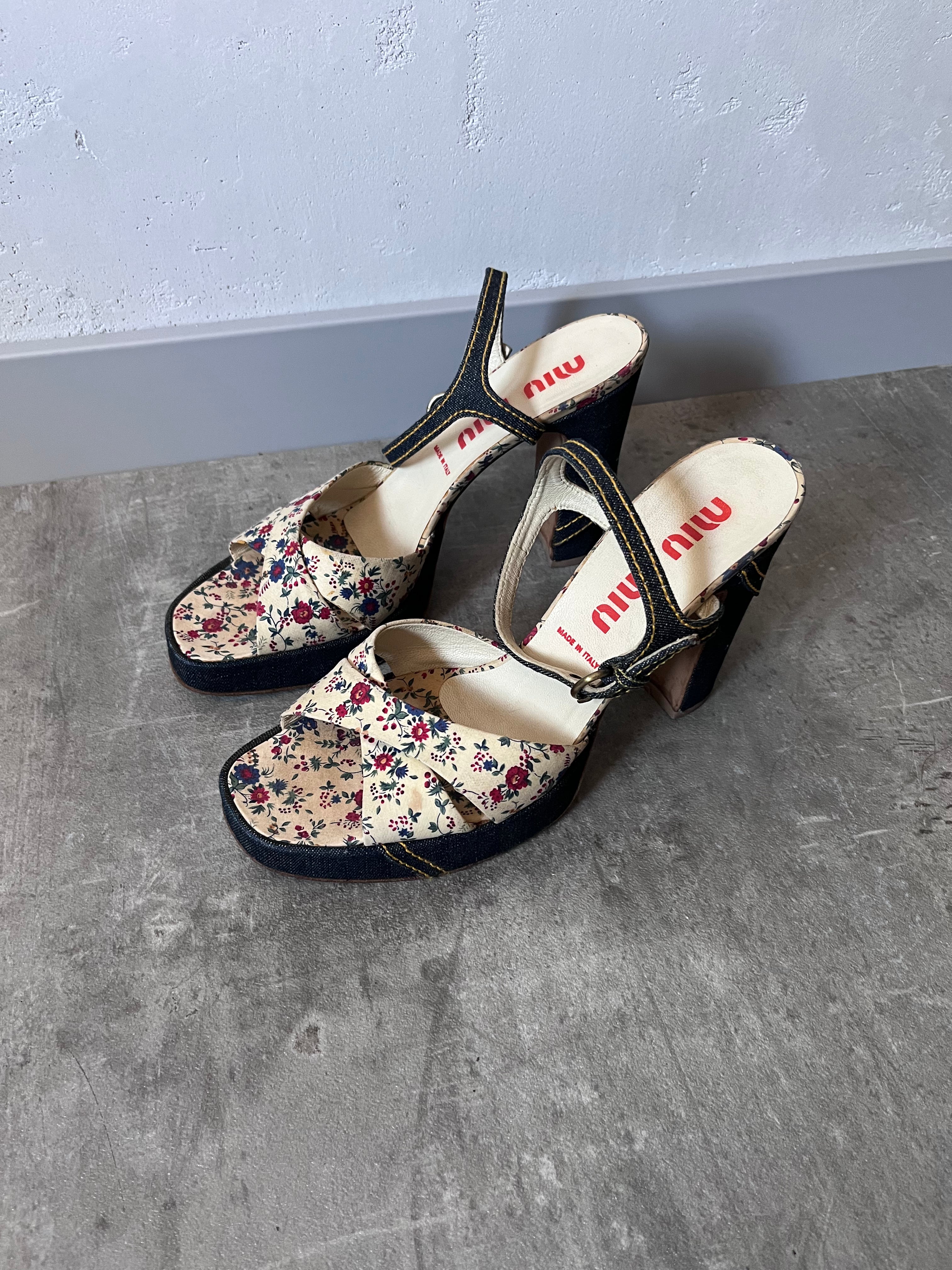 90s Miu Miu Floral Print Denim Platform Heels Navy Multicolor Women - 40