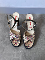 90s Miu Miu Floral Print Denim Platform Heels Navy Multicolor Women - 40