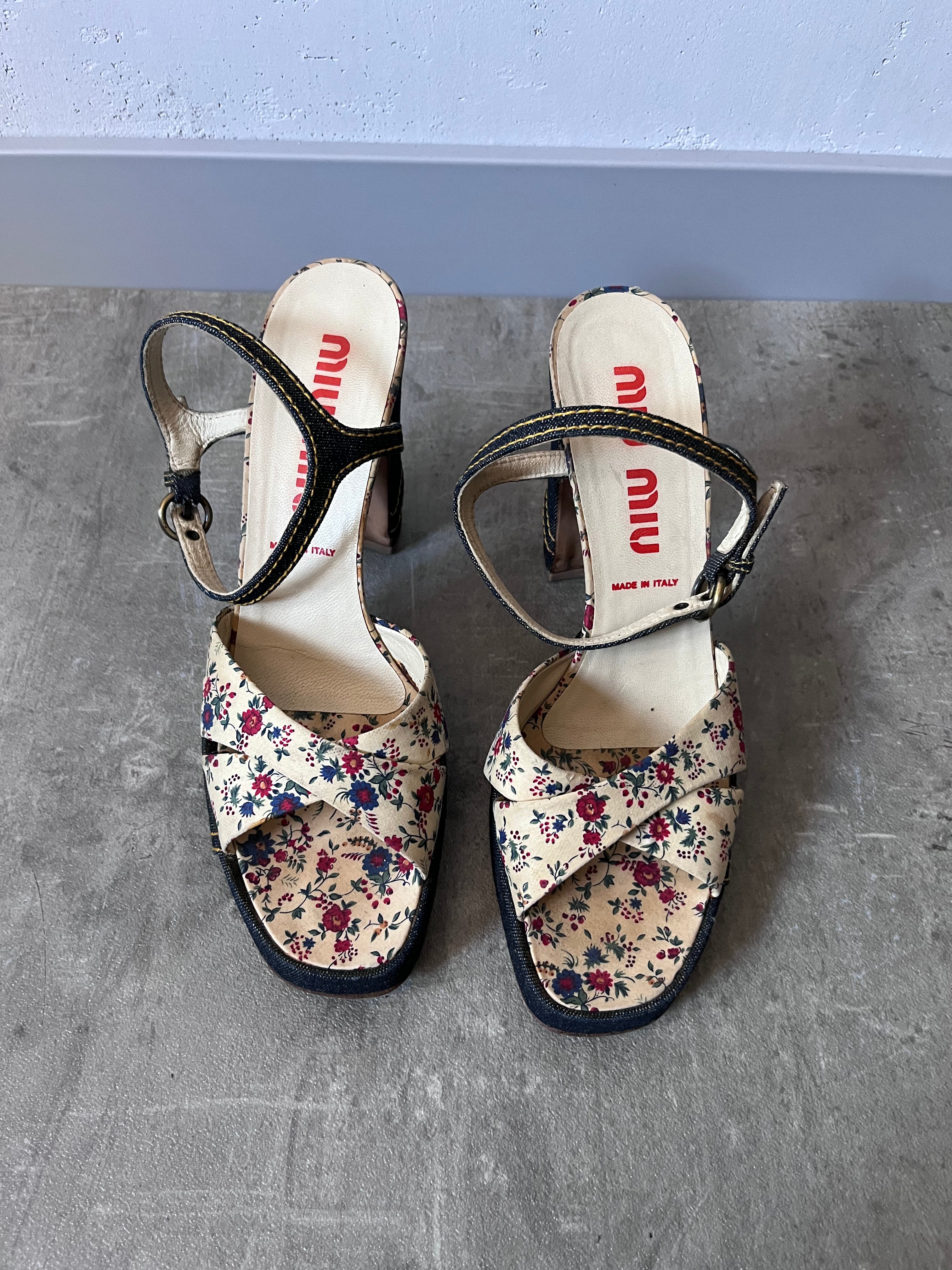 90s Miu Miu Floral Print Denim Platform Heels Navy Multicolor Women - 40