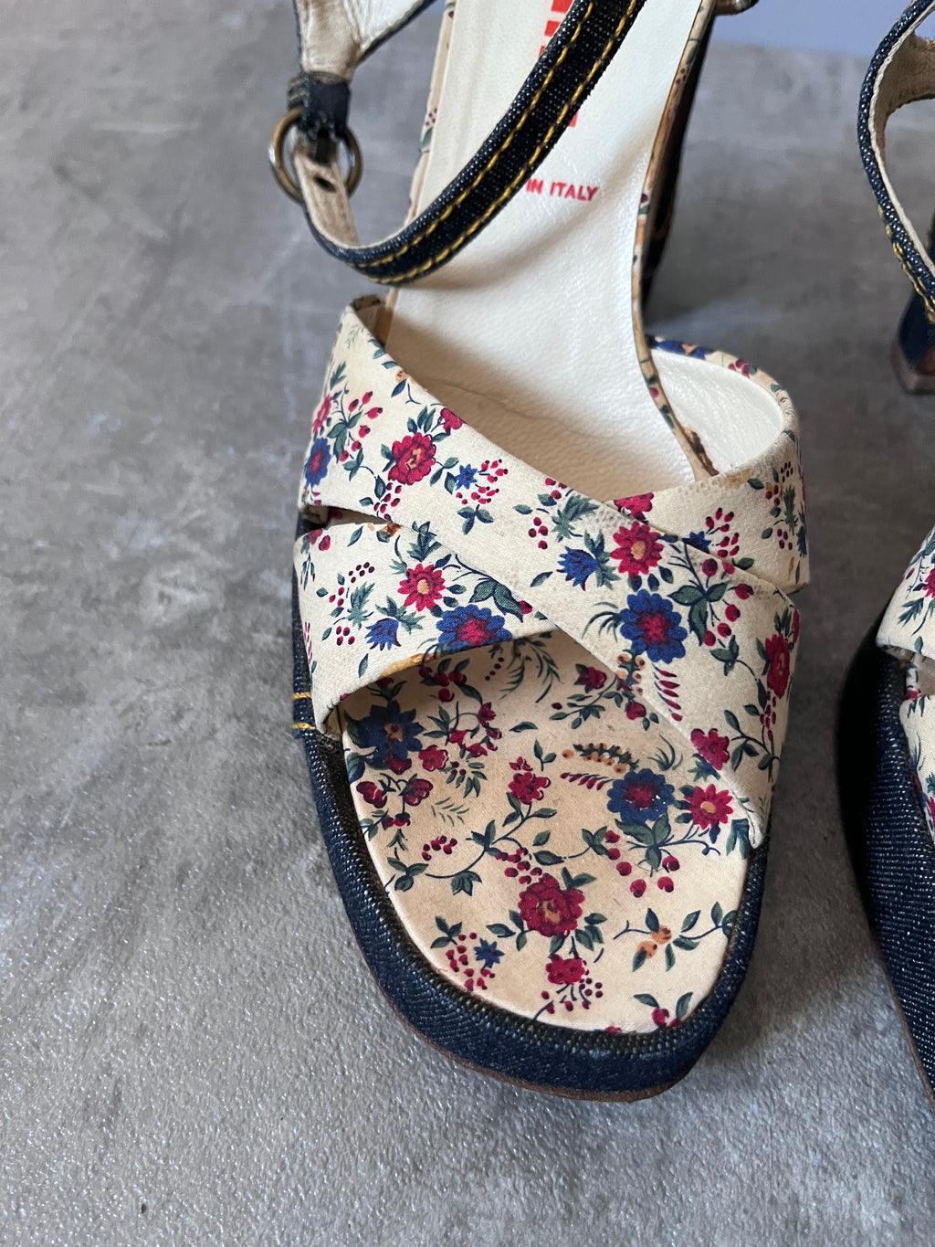 90s Miu Miu Floral Print Denim Platform Heels Navy Multicolor Women - 40