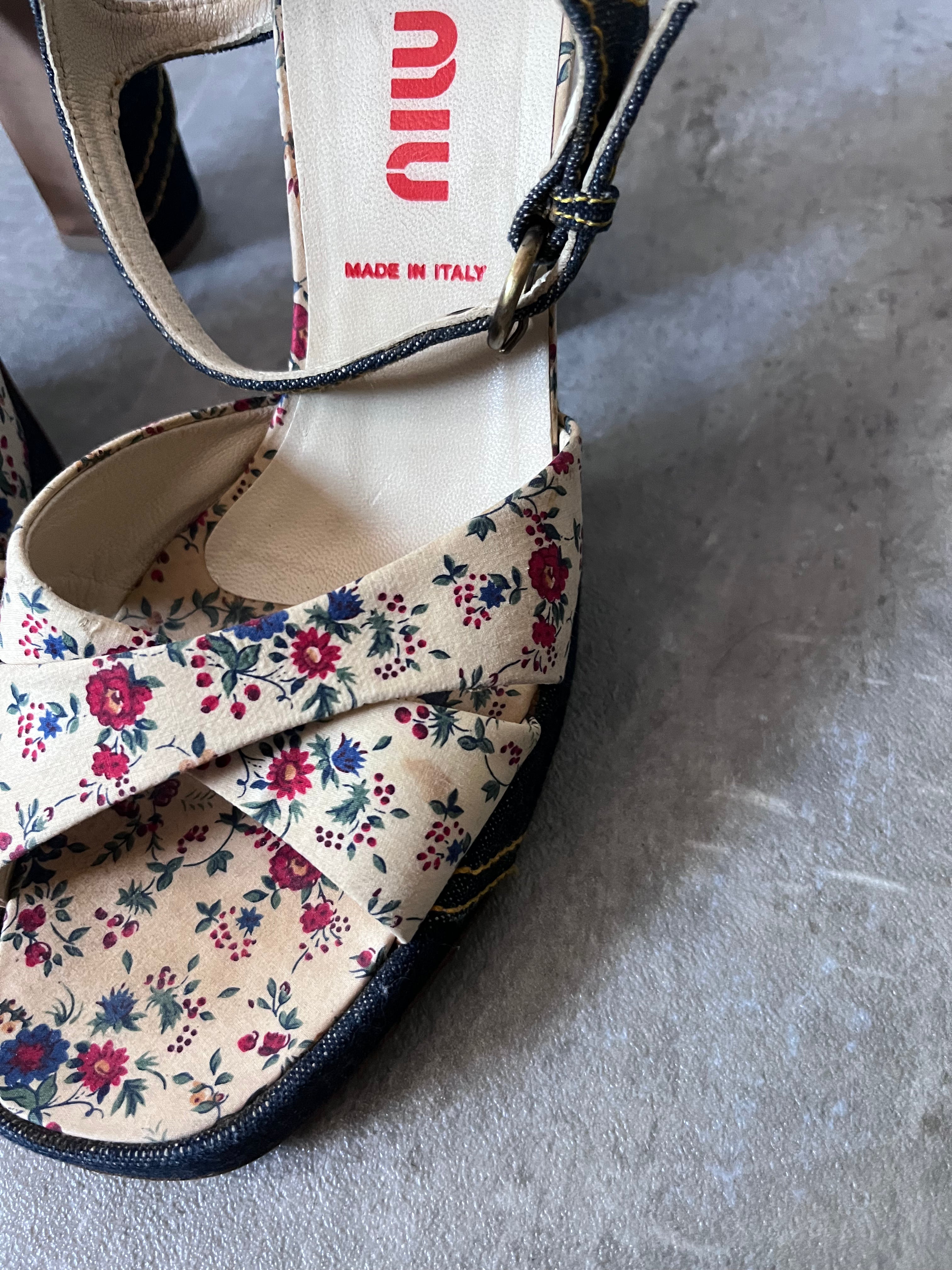 90s Miu Miu Floral Print Denim Platform Heels Navy Multicolor Women - 40