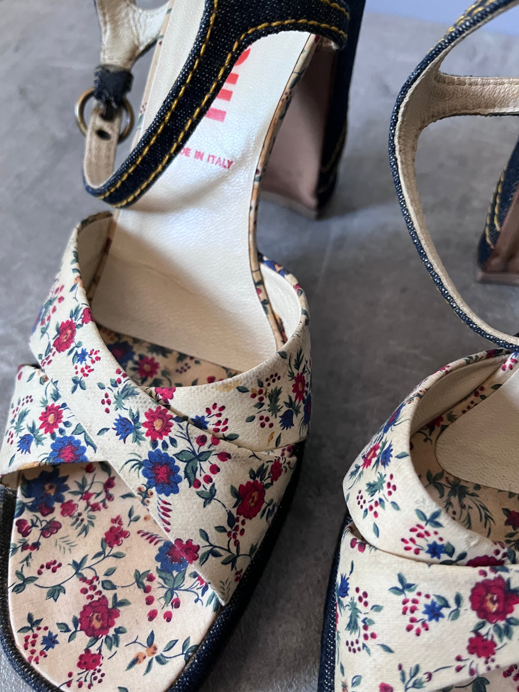 90s Miu Miu Floral Print Denim Platform Heels Navy Multicolor Women - 40