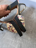 90s Miu Miu Floral Print Denim Platform Heels Navy Multicolor Women - 40