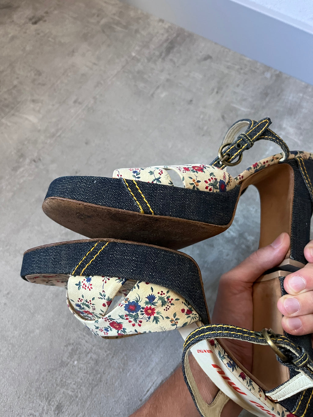 90s Miu Miu Floral Print Denim Platform Heels Navy Multicolor Women - 40