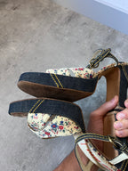 90s Miu Miu Floral Print Denim Platform Heels Navy Multicolor Women - 40