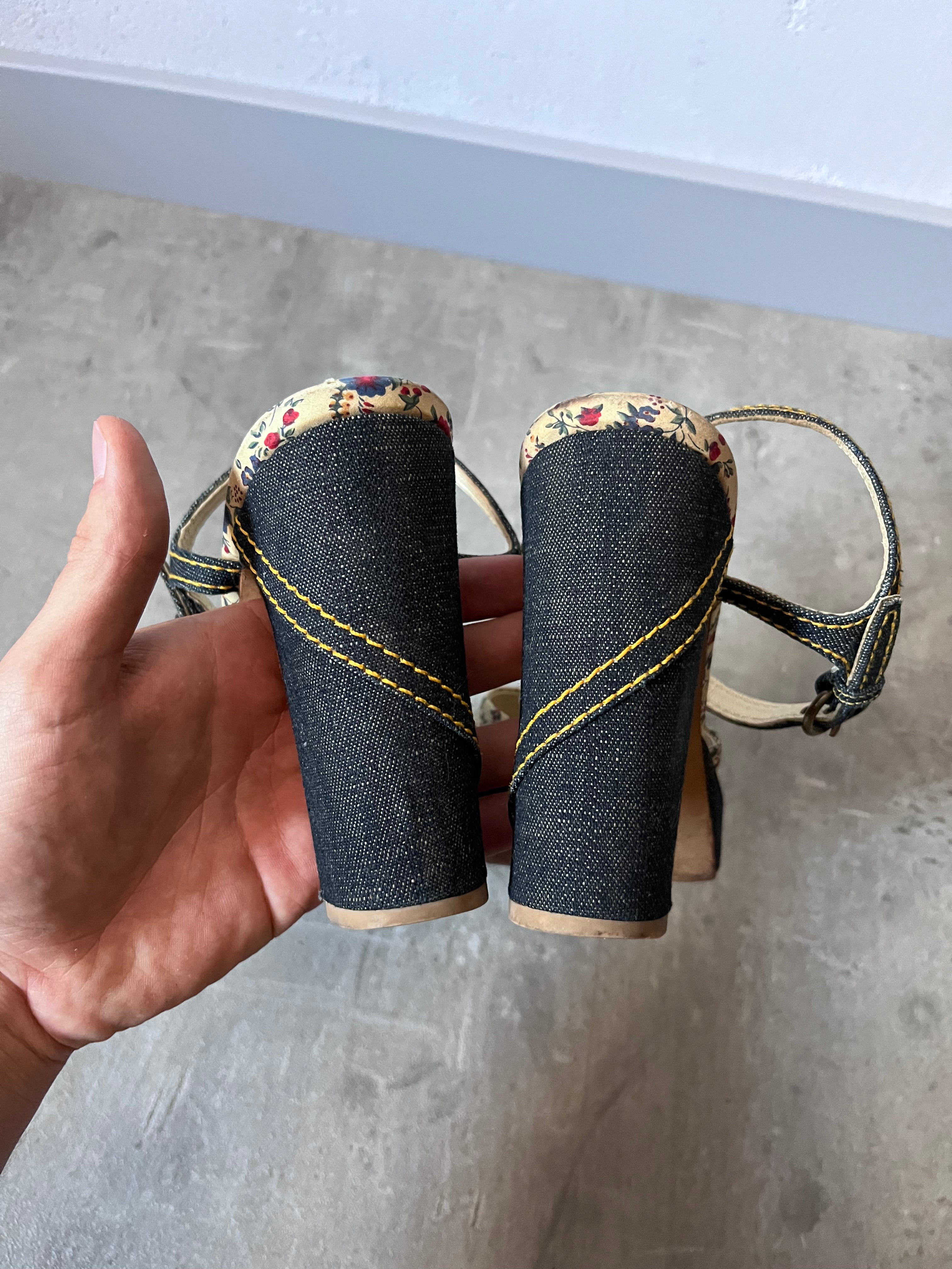 90s Miu Miu Floral Print Denim Platform Heels Navy Multicolor Women - 40