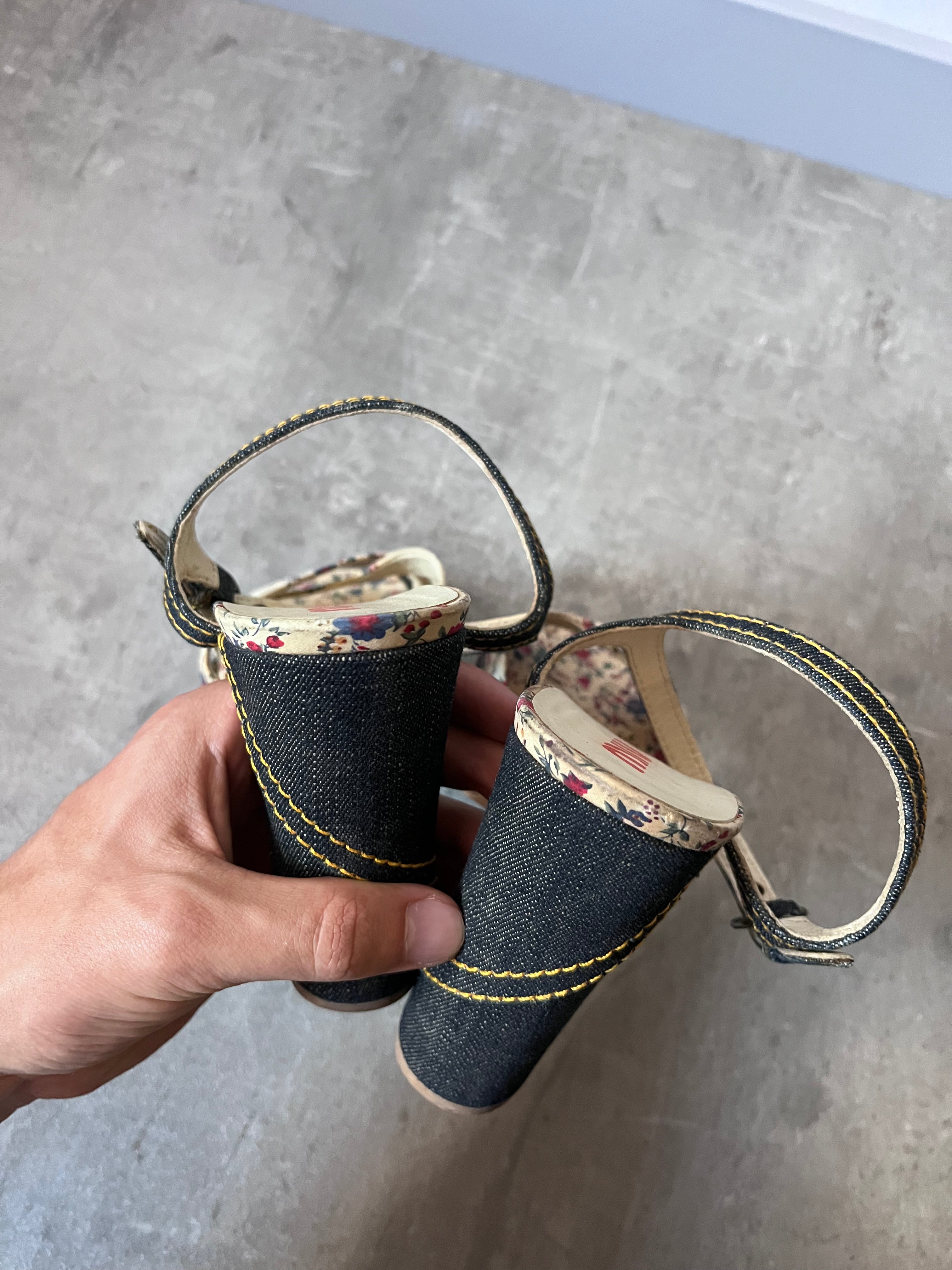 90s Miu Miu Floral Print Denim Platform Heels Navy Multicolor Women - 40