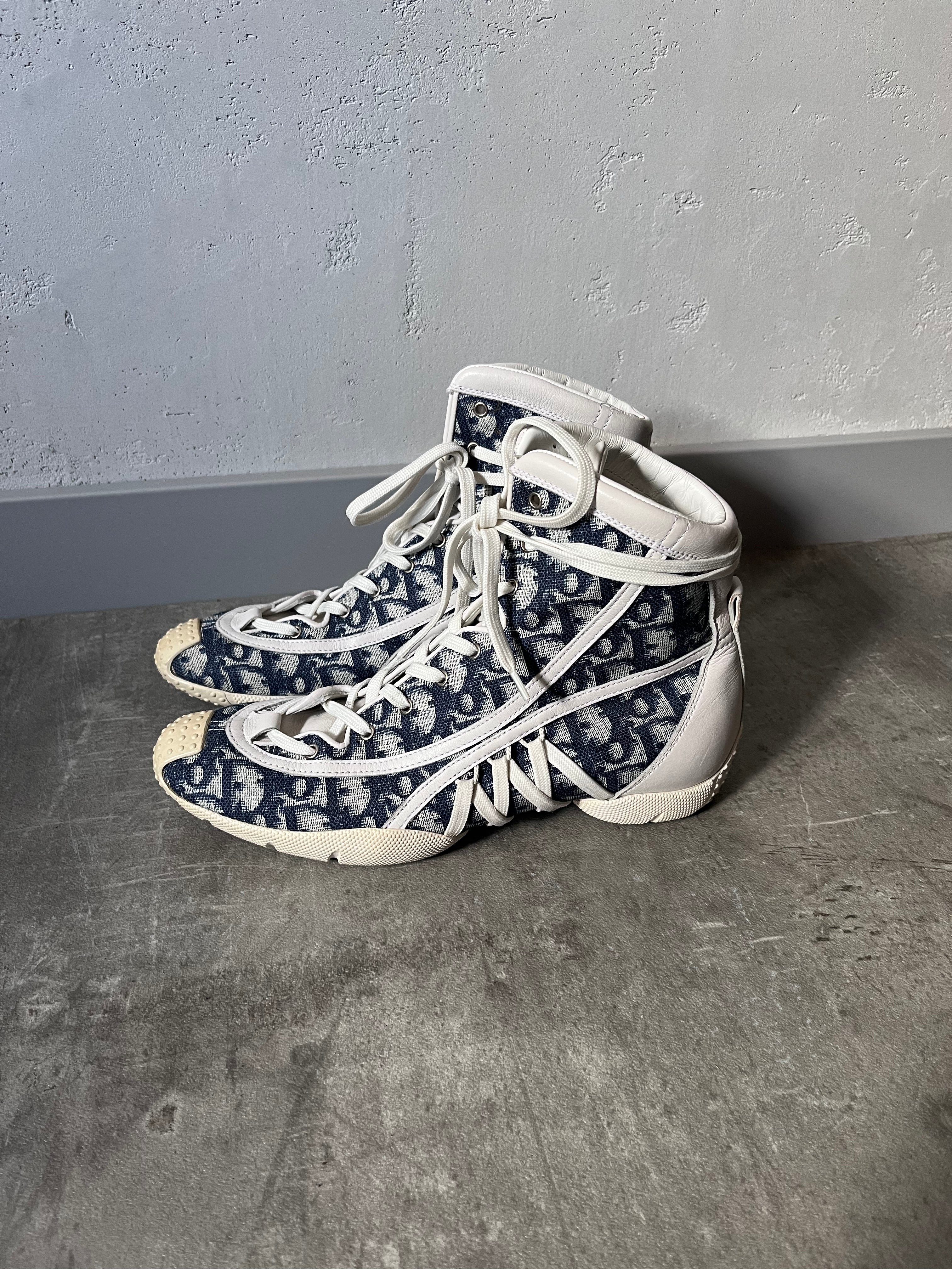 2000s Dior by John Galliano Monogram Canvas Leather Boxing Boots White Blue Women - 38.5