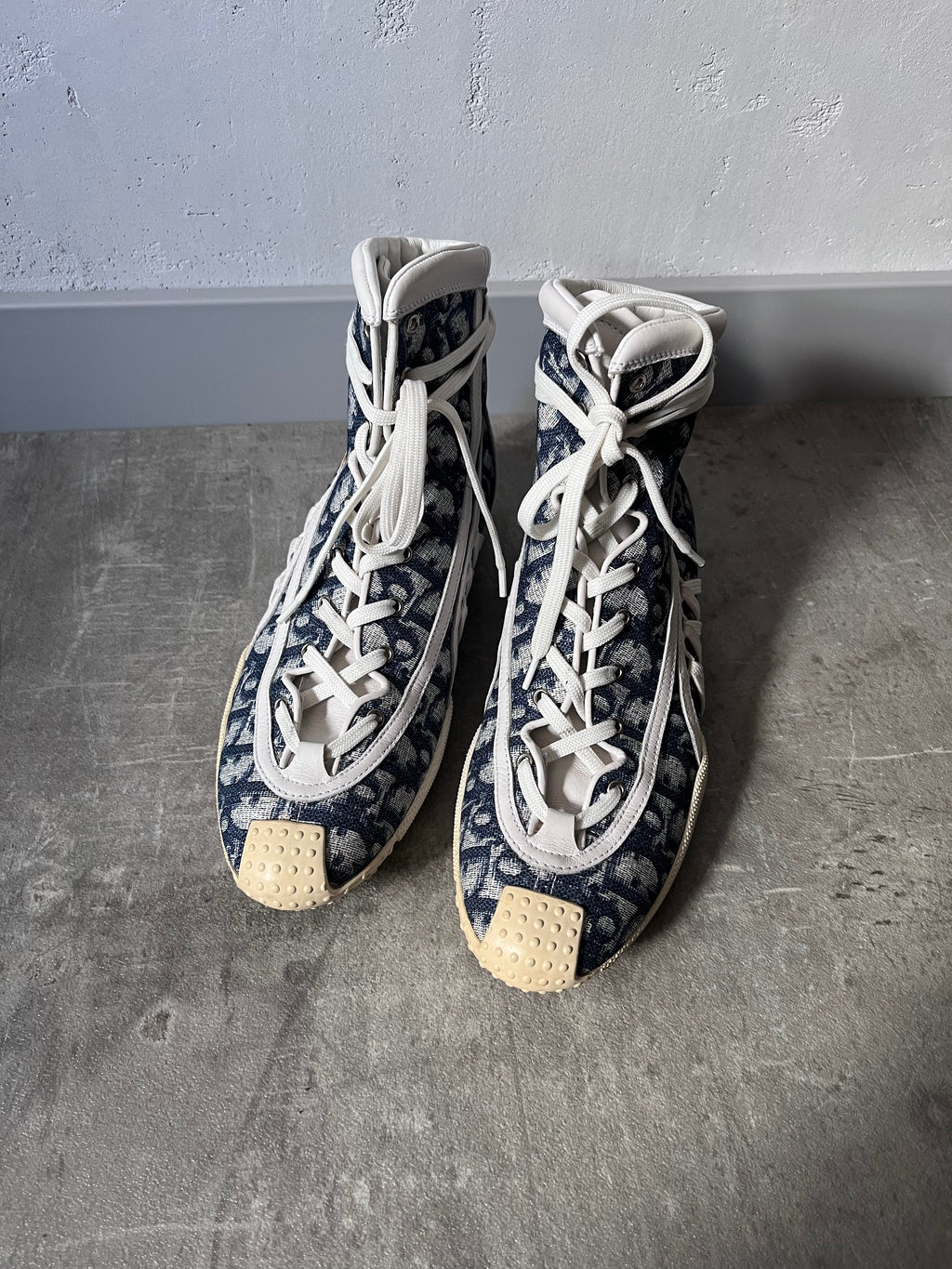 2000s Dior by John Galliano Monogram Canvas Leather Boxing Boots White Blue Women - 38.5