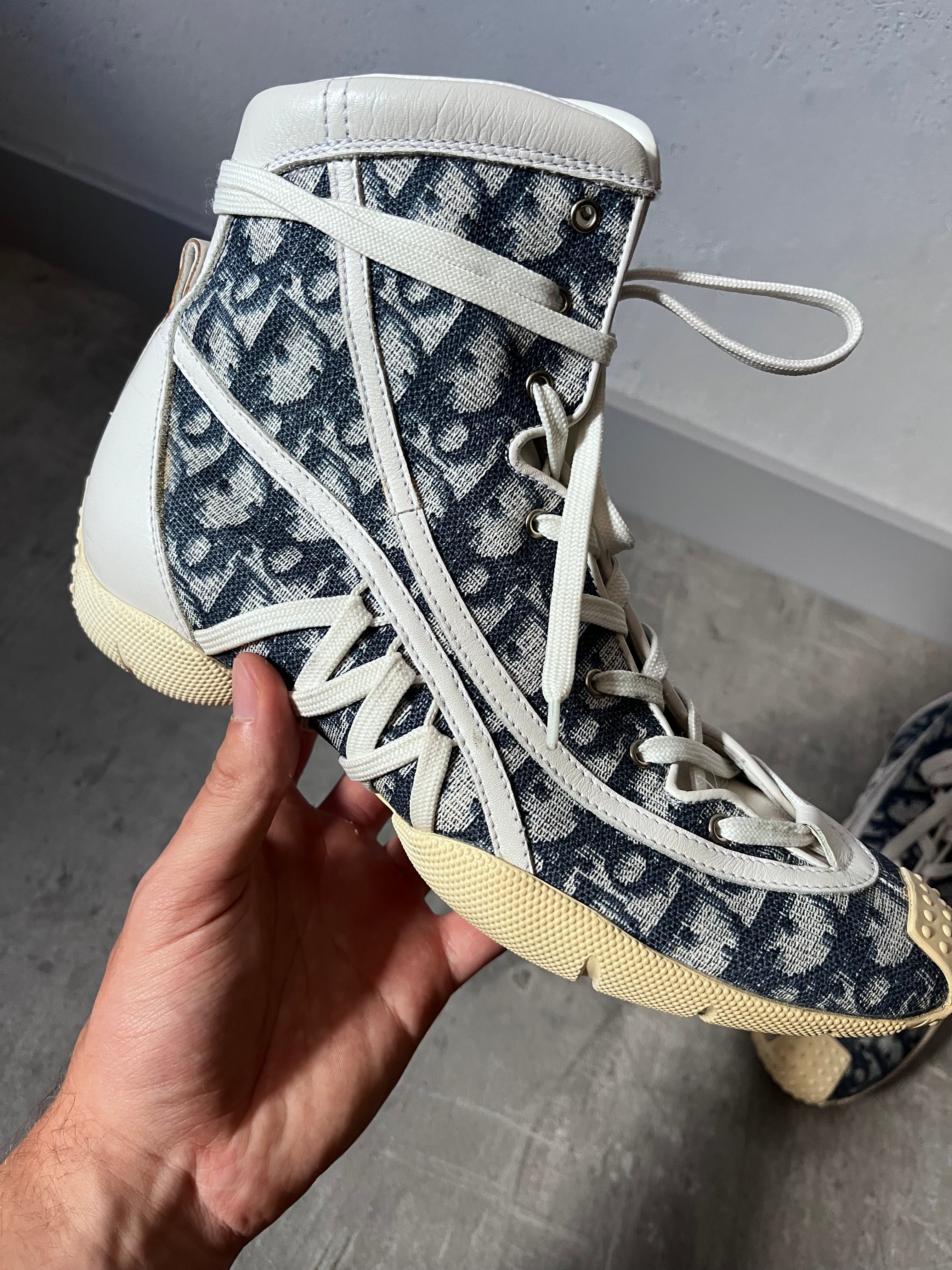 2000s Dior by John Galliano Monogram Canvas Leather Boxing Boots White Blue Women - 38.5