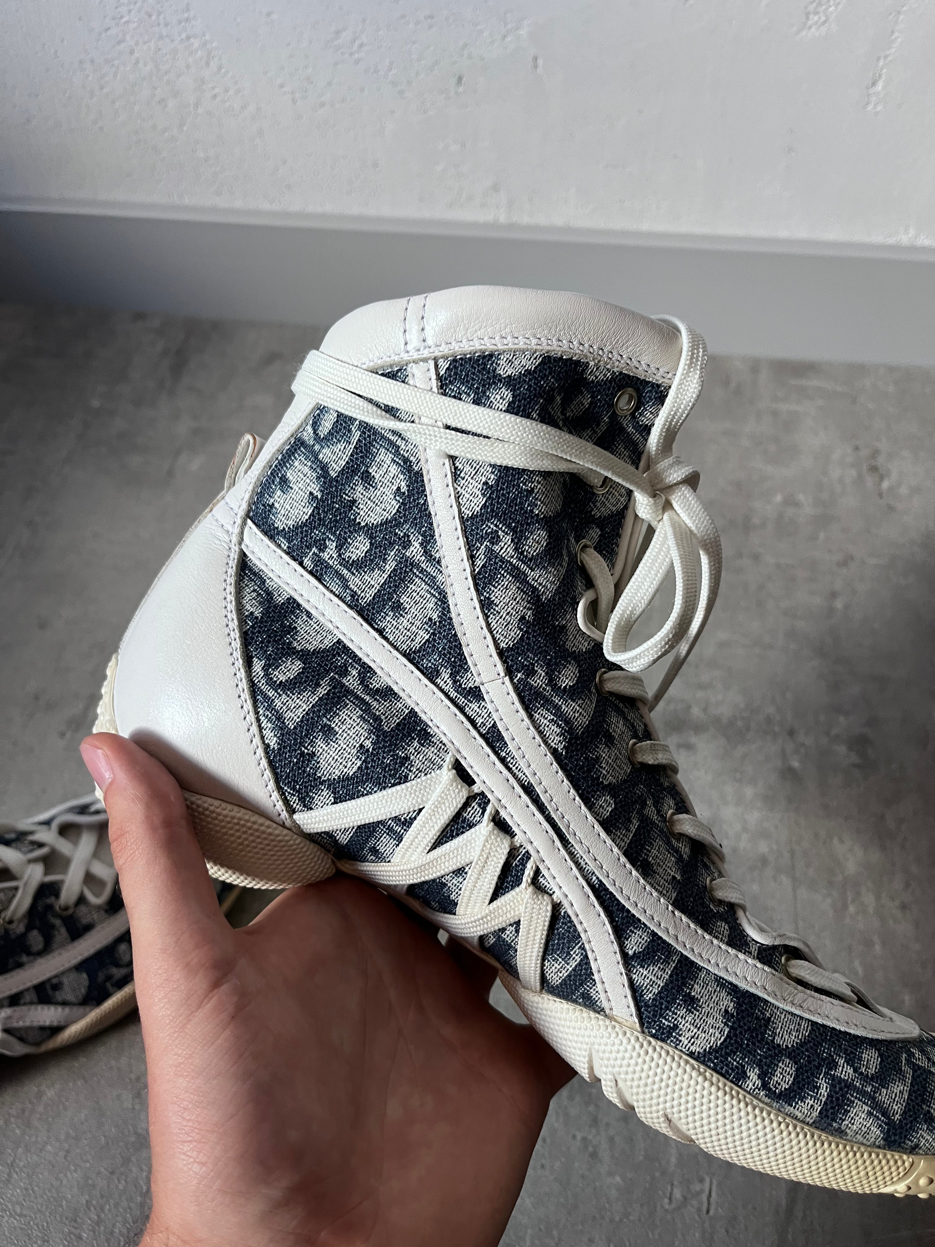 2000s Dior by John Galliano Monogram Canvas Leather Boxing Boots White Blue Women - 38.5