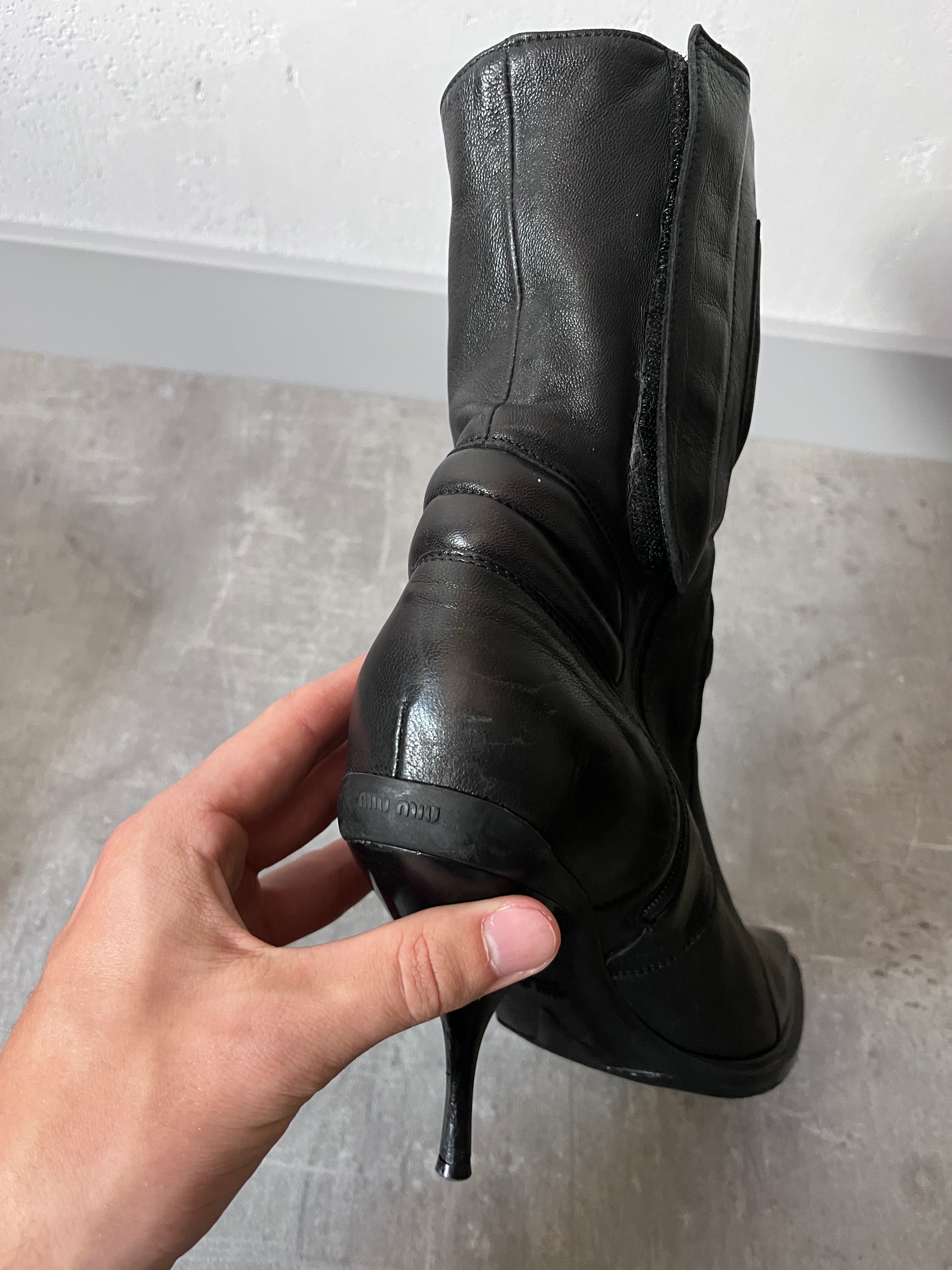 F/W 1999 Miu Miu Biker Leather Heels Black Women - 38