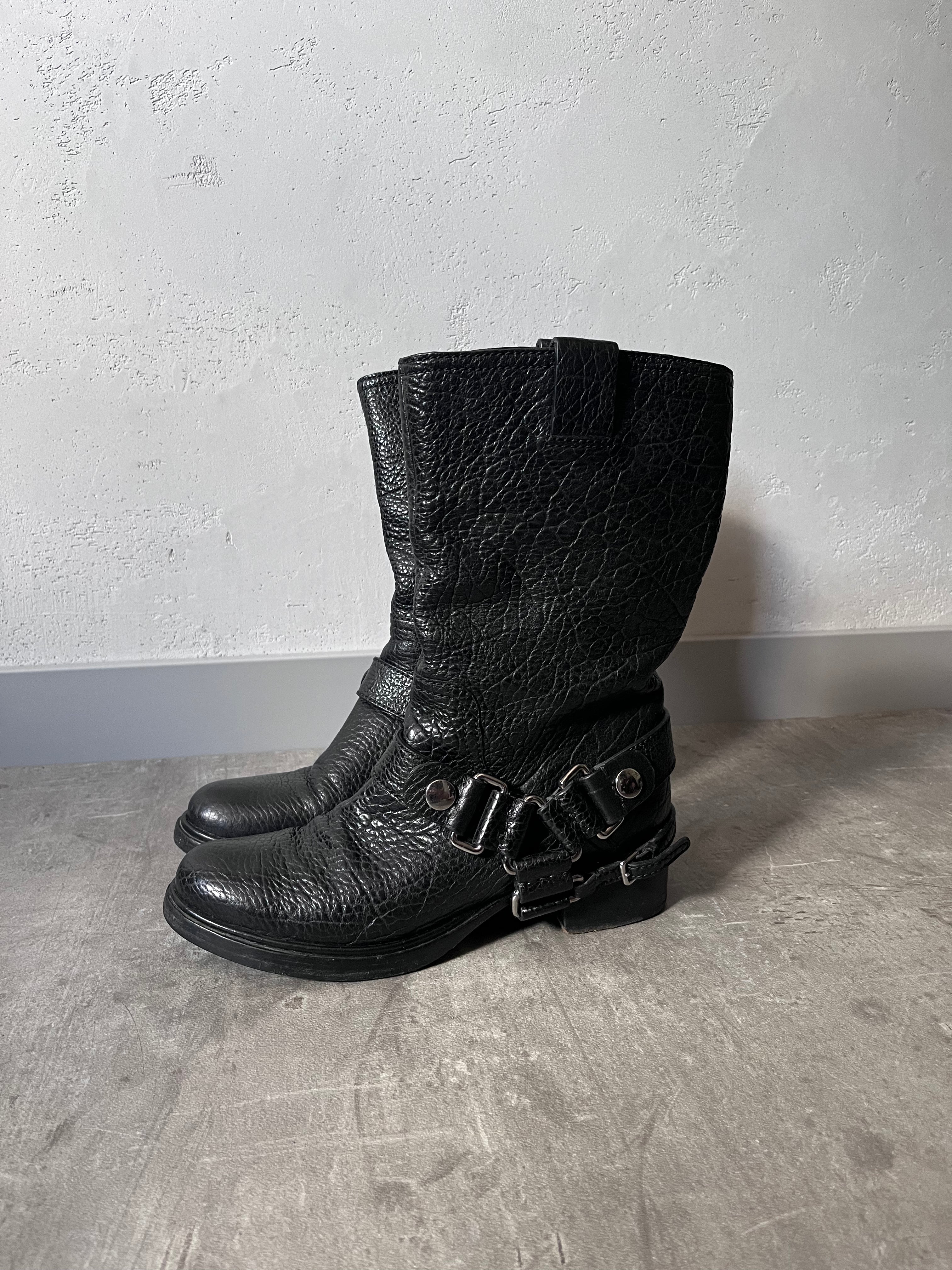 Miu Miu Engineer Buckle Motorcycle Leather Boots Black Women - 39