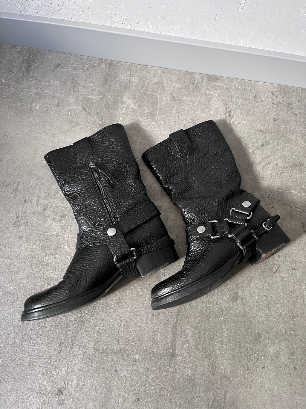 Miu Miu Engineer Buckle Motorcycle Leather Boots Black Women - 39
