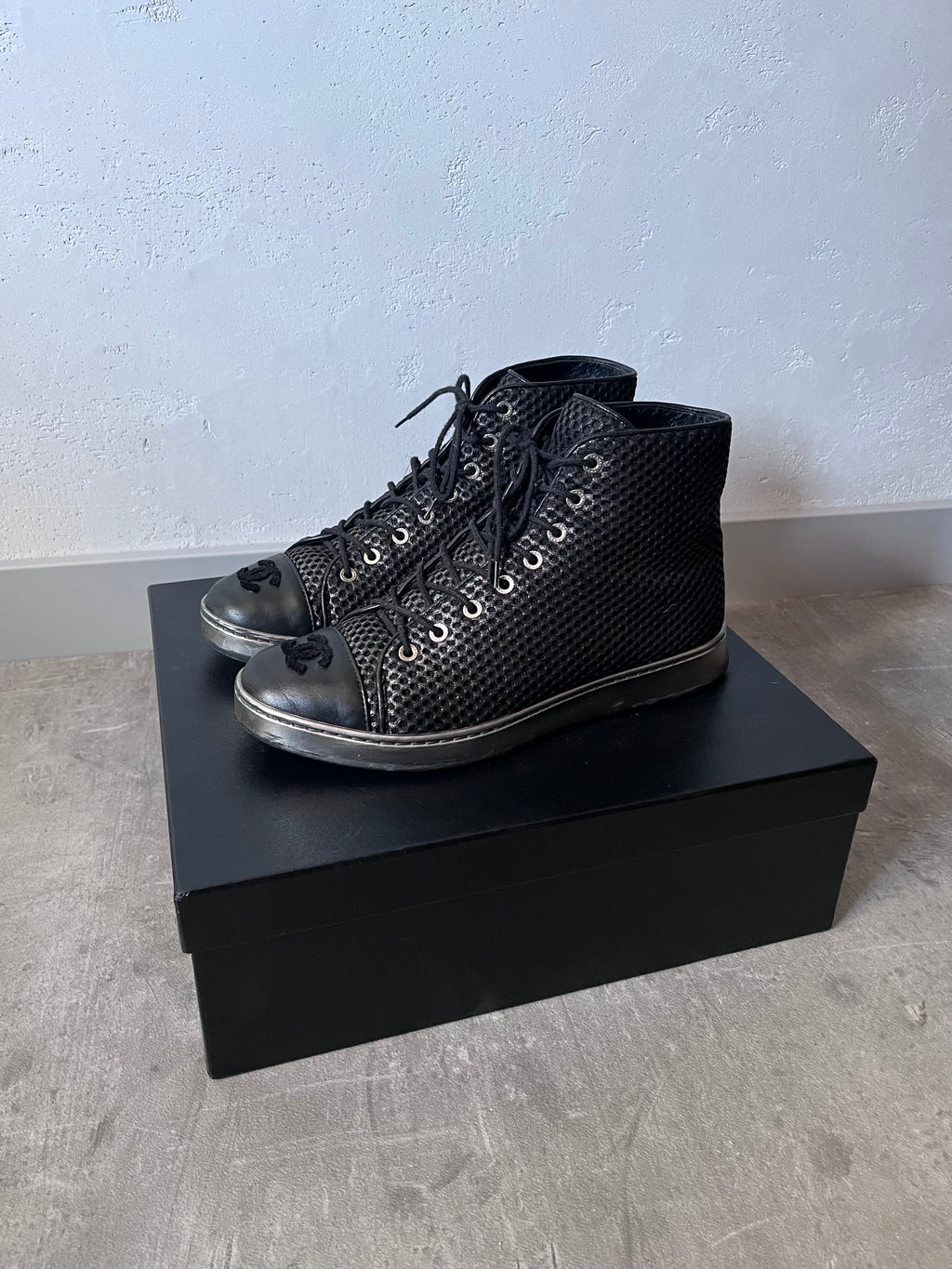 2016 Chanel Mesh Leather High Top Shoes Black Women - 39