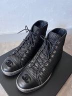2016 Chanel Mesh Leather High Top Shoes Black Women - 39