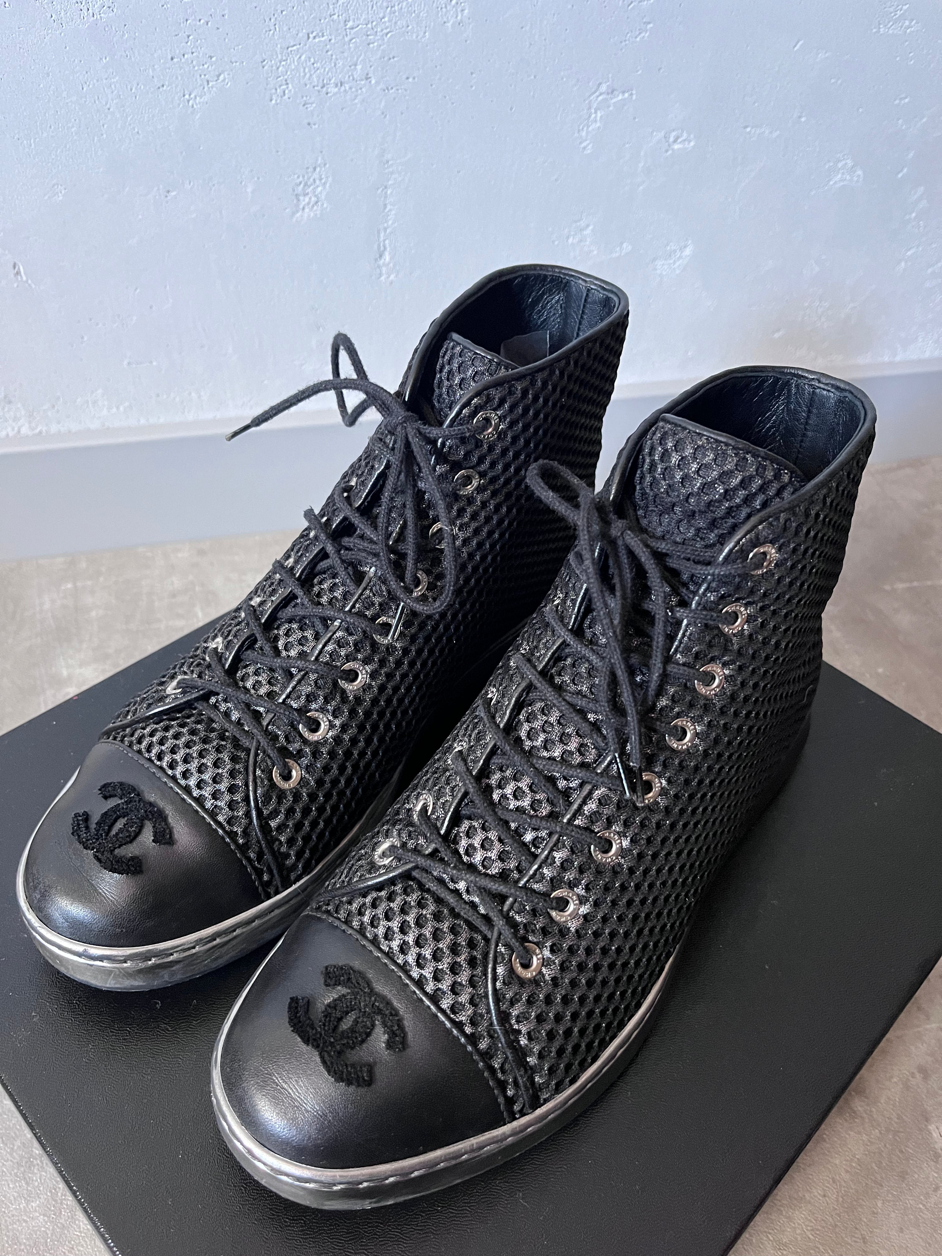 2016 Chanel Mesh Leather High Top Shoes Black Women - 39