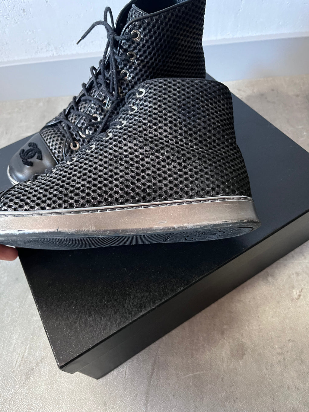 2016 Chanel Mesh Leather High Top Shoes Black Women - 39