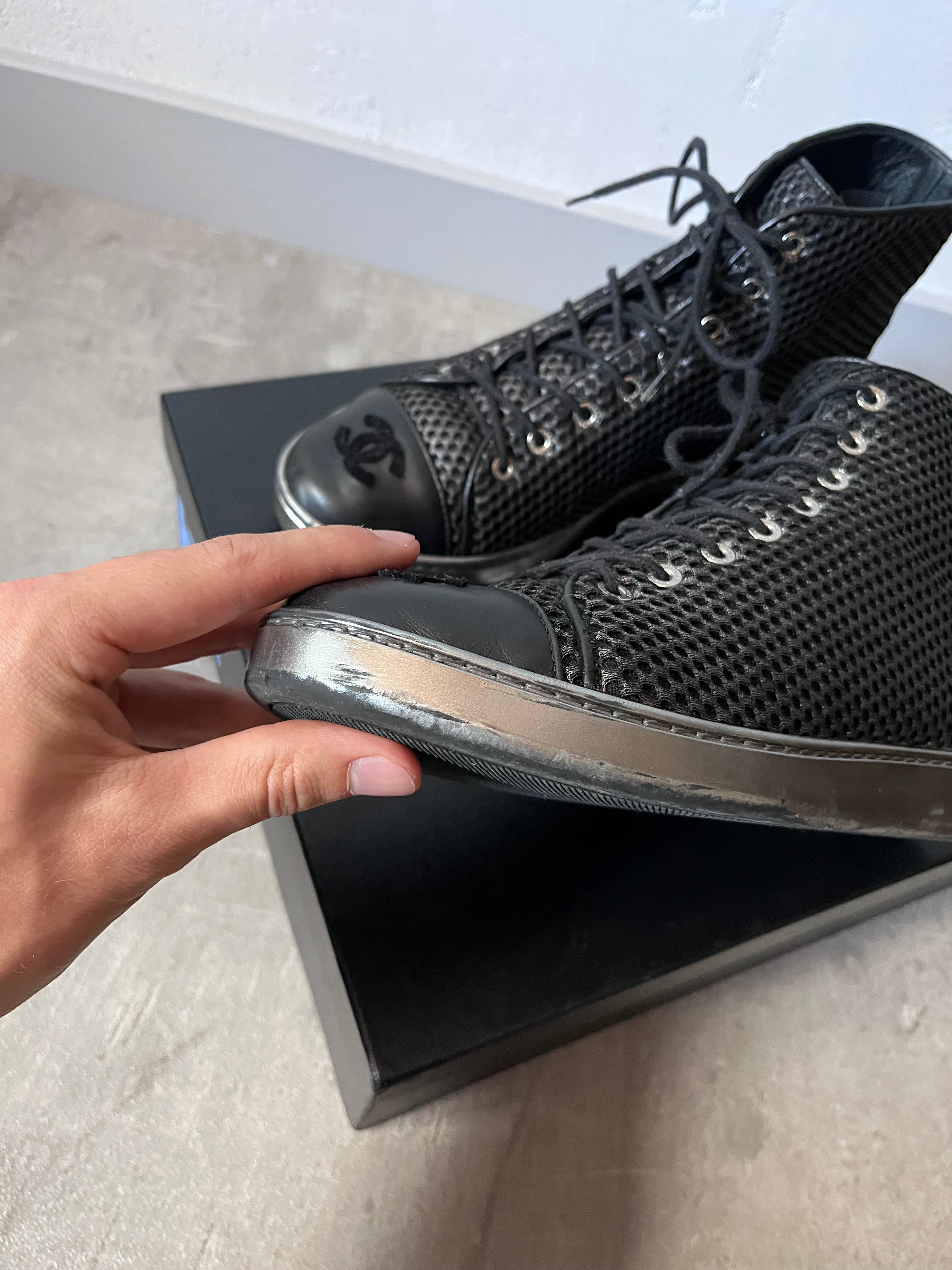 2016 Chanel Mesh Leather High Top Shoes Black Women - 39