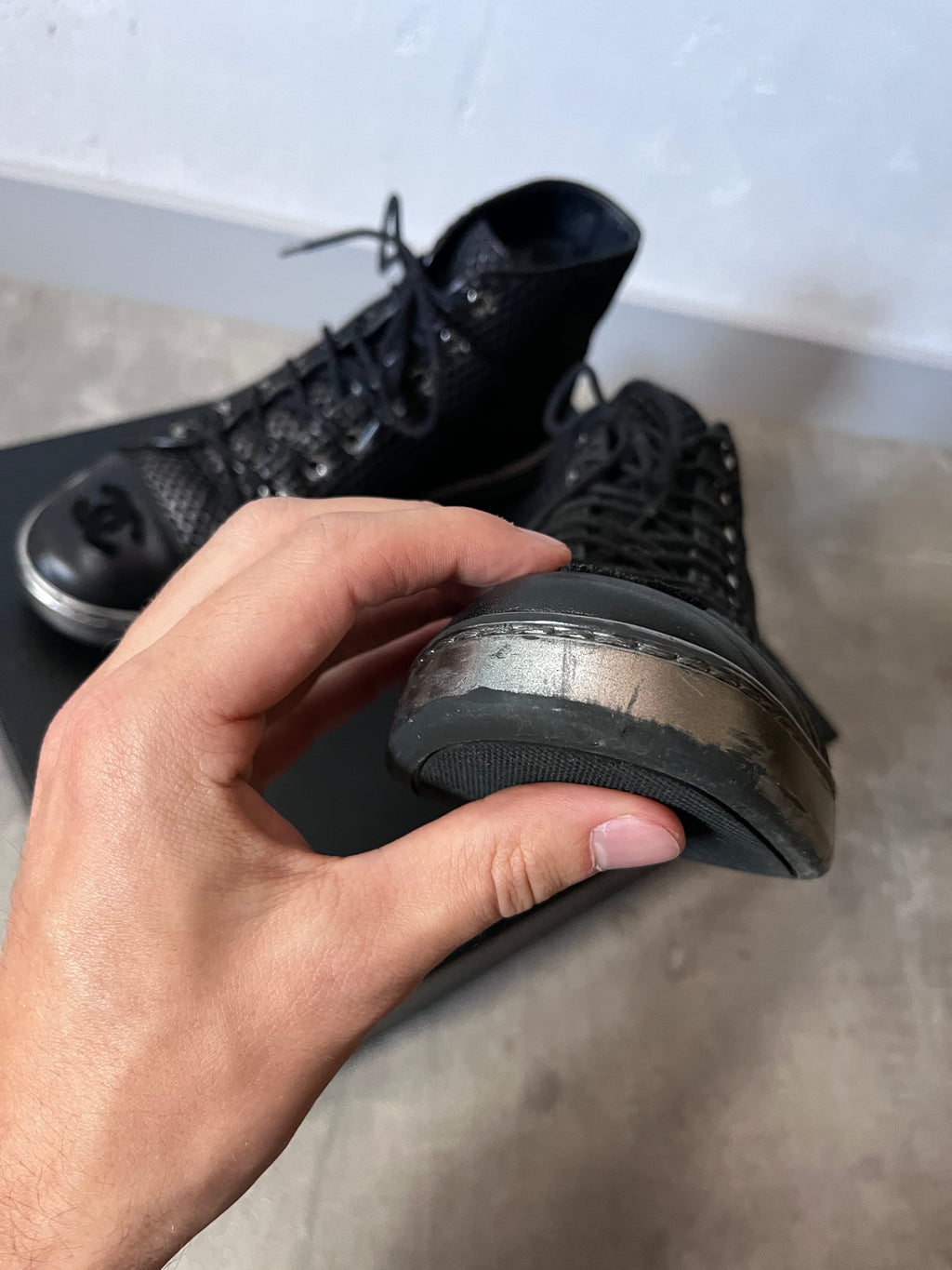 2016 Chanel Mesh Leather High Top Shoes Black Women - 39