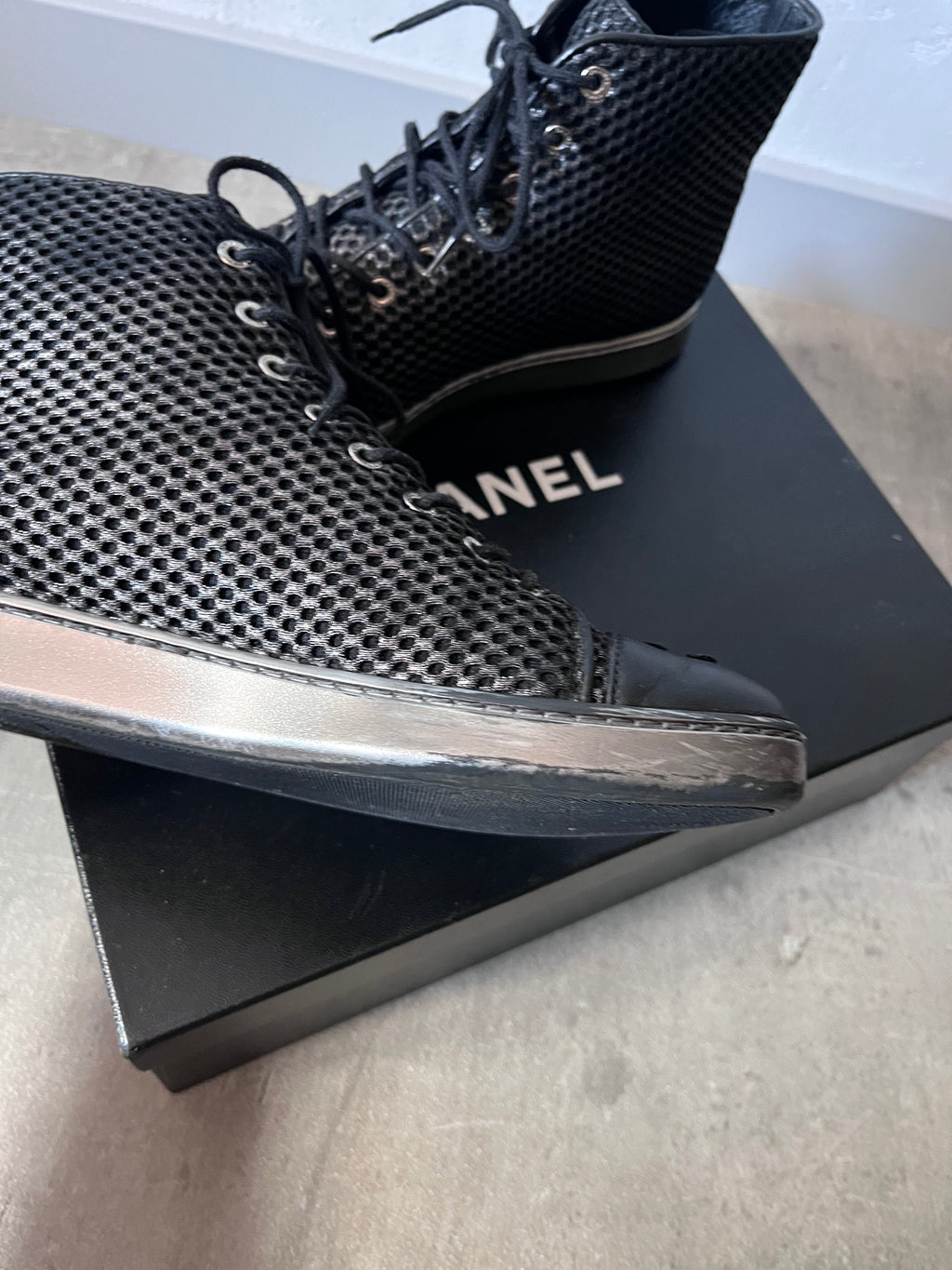 2016 Chanel Mesh Leather High Top Shoes Black Women - 39