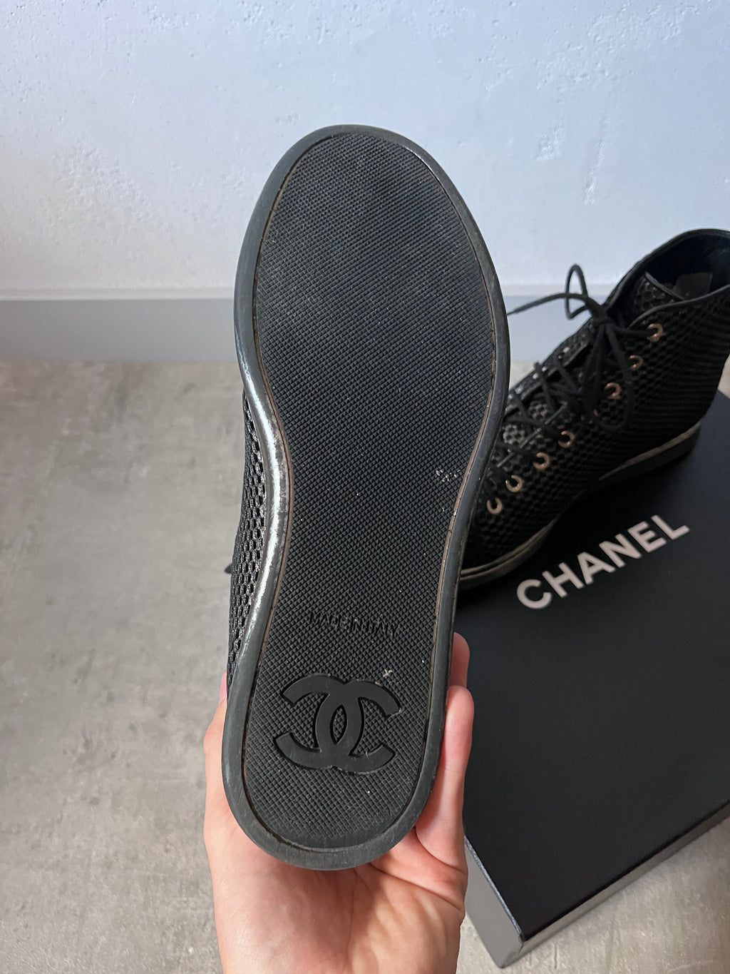 2016 Chanel Mesh Leather High Top Shoes Black Women - 39