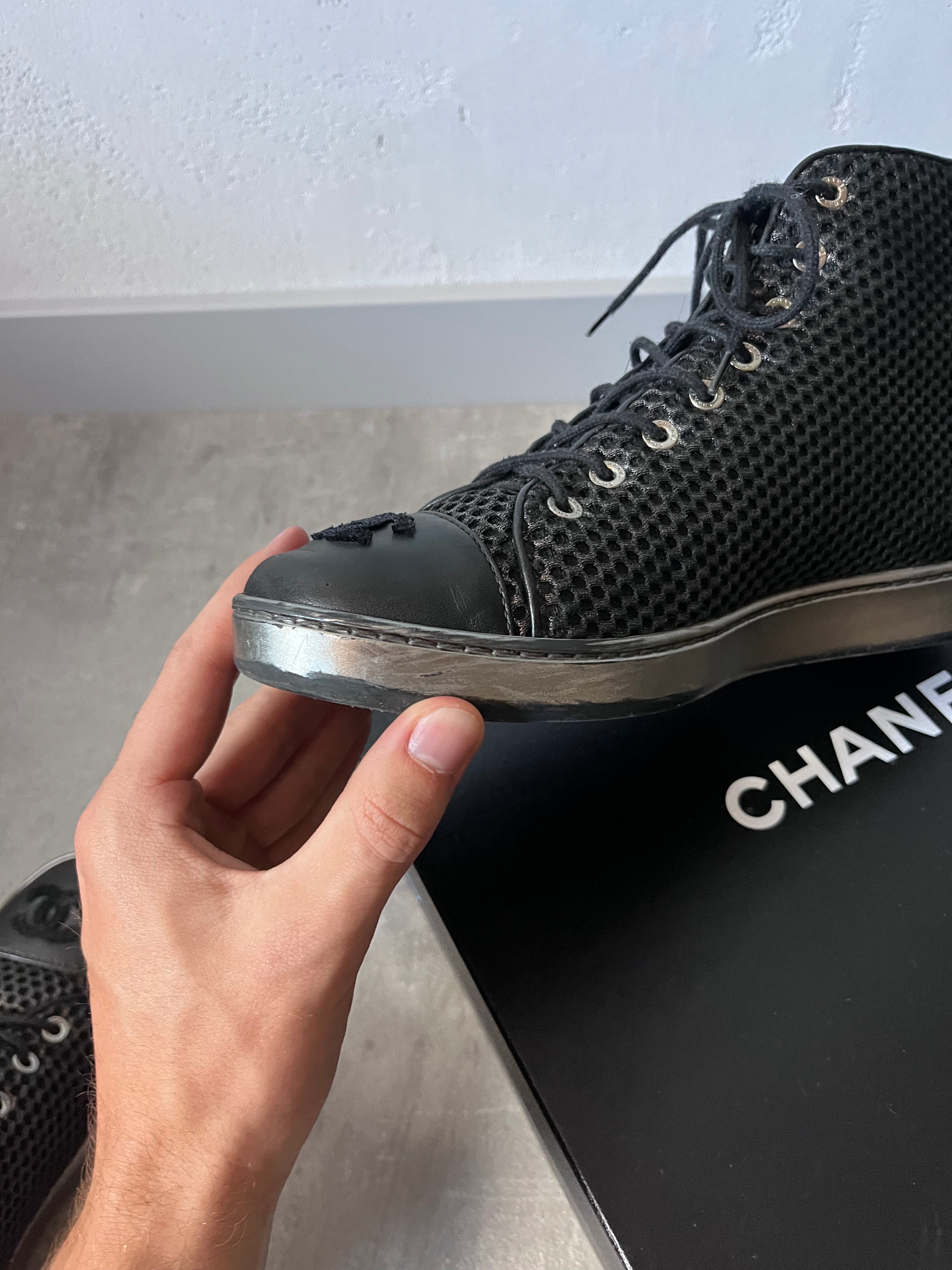 2016 Chanel Mesh Leather High Top Shoes Black Women - 39