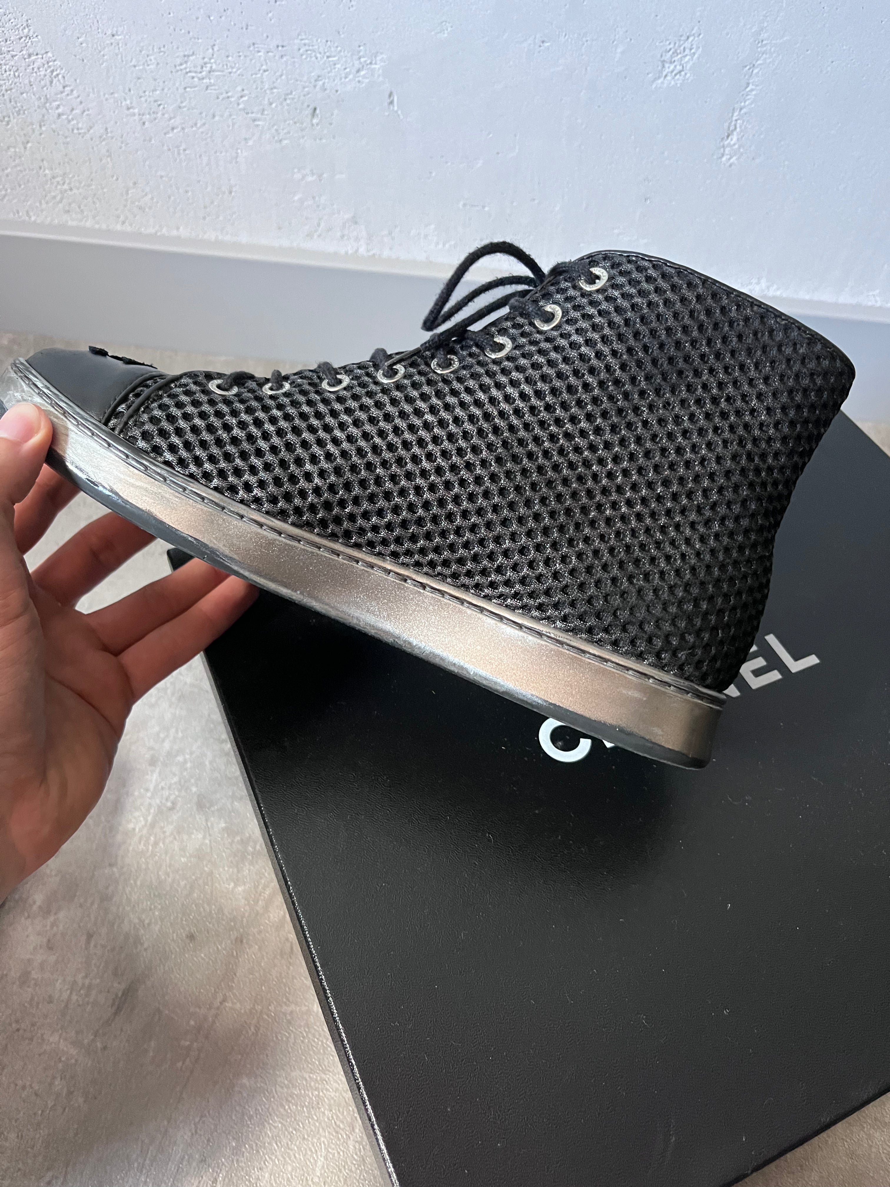 2016 Chanel Mesh Leather High Top Shoes Black Women - 39