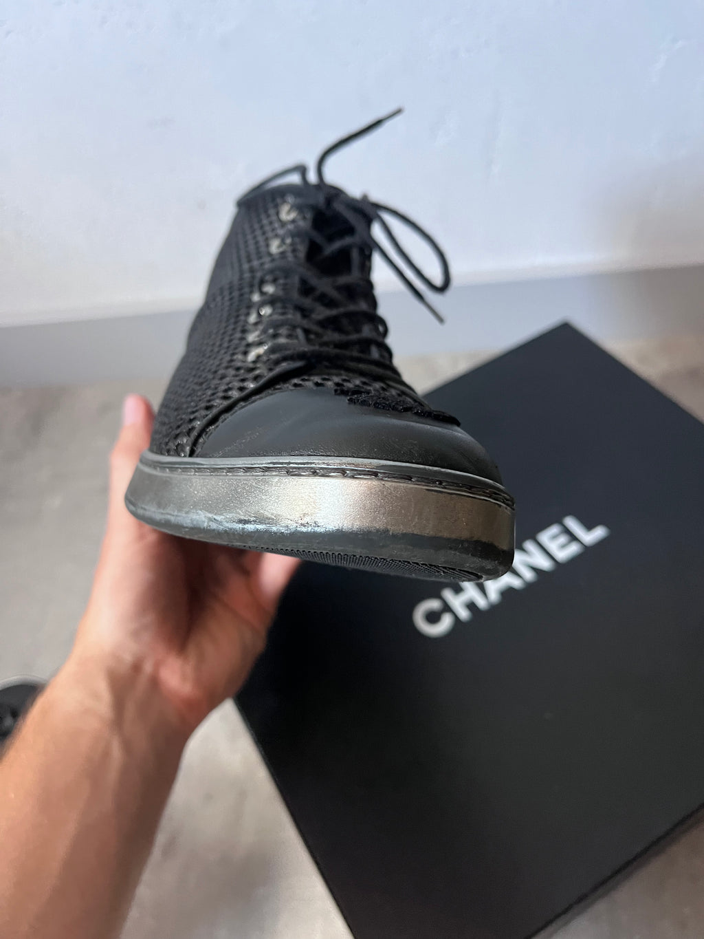 2016 Chanel Mesh Leather High Top Shoes Black Women - 39